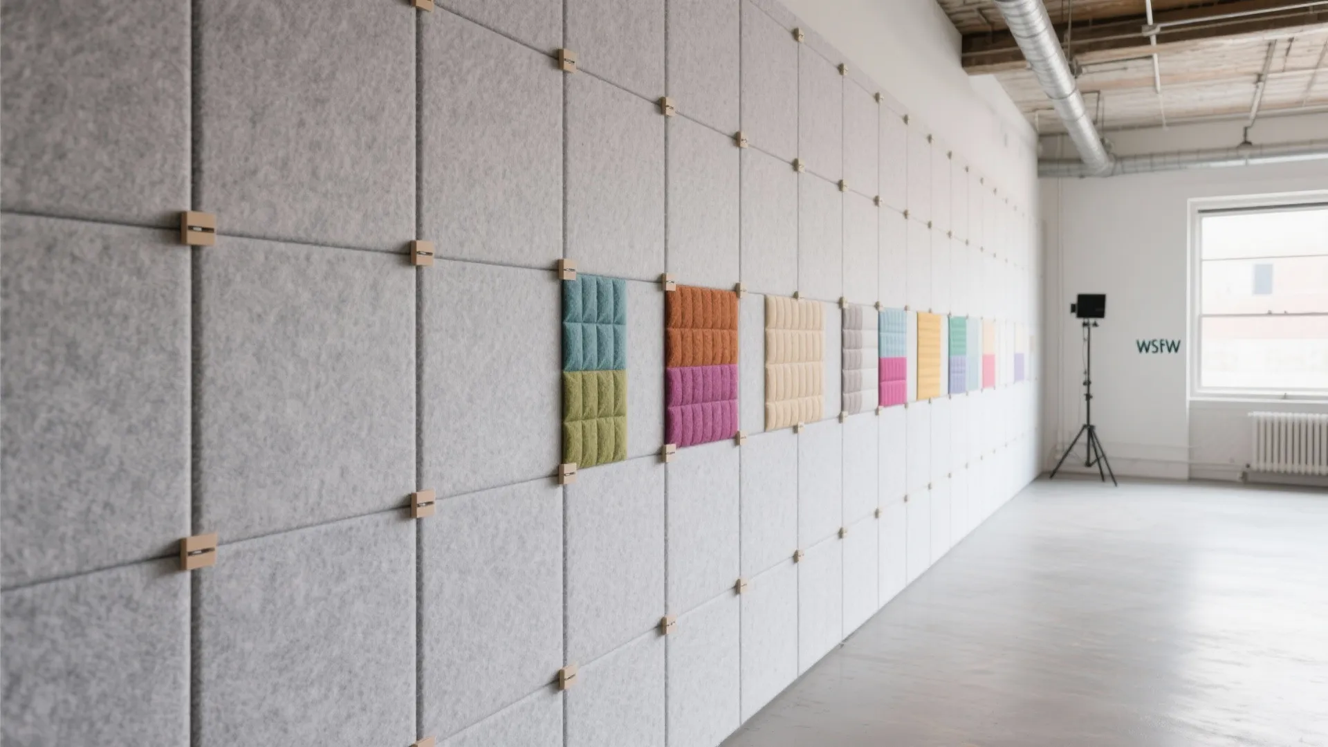 Large white office wall with grey felt panels and colorful square decorative tiles on clips