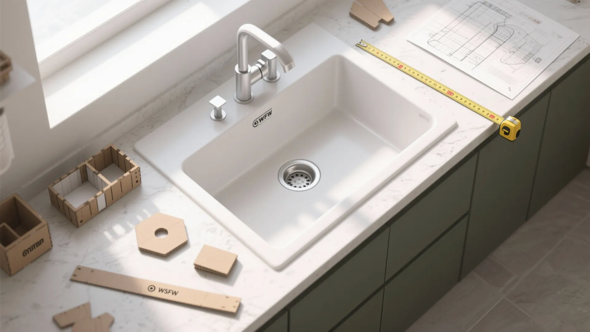 White kitchen sink on marble countertop with measuring tape and interior design drawing for installation