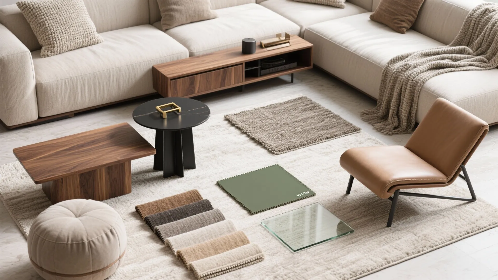 Interior design drawing showing sofa with various fabric samples leather chair and small wooden coffee table