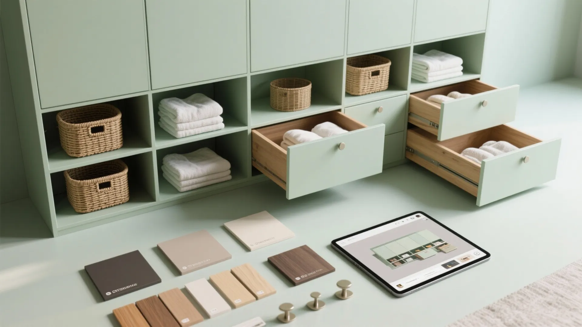 5. Modular cabinet systems with mixed open shelving