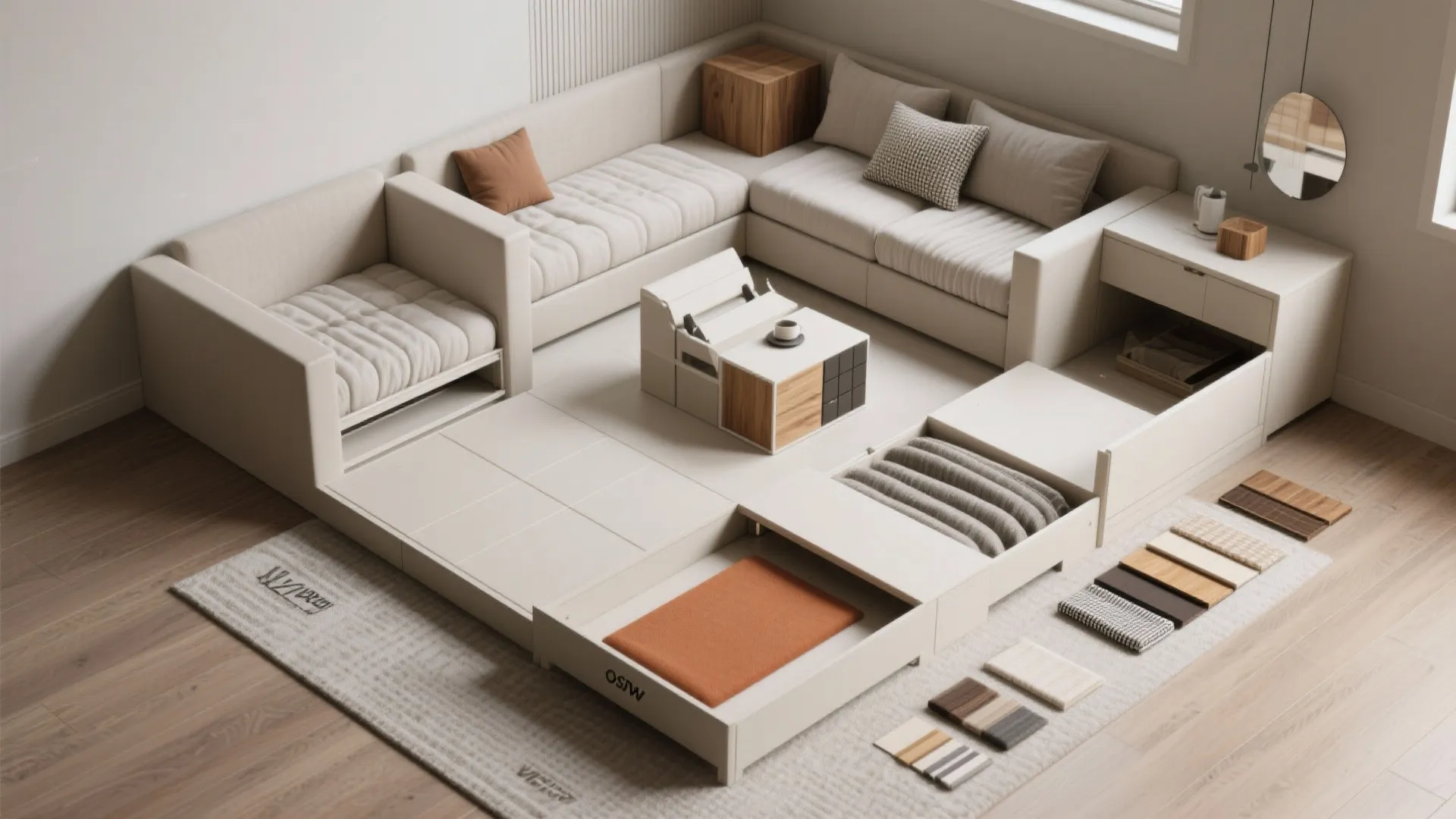 Top-down view of modular corner bed components and material swatches for reconfigurable layouts.