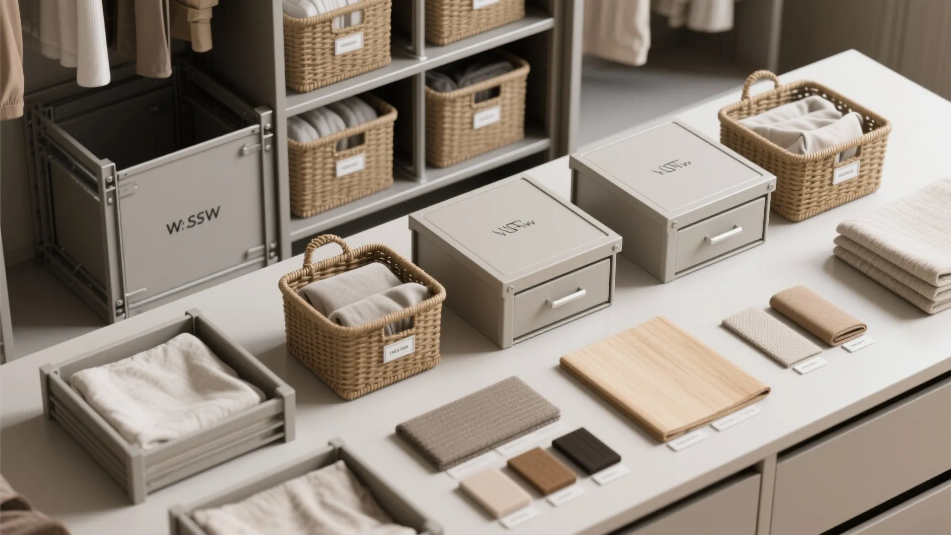 Top view of storage boxes woven baskets and fabric samples arranged on a grey table