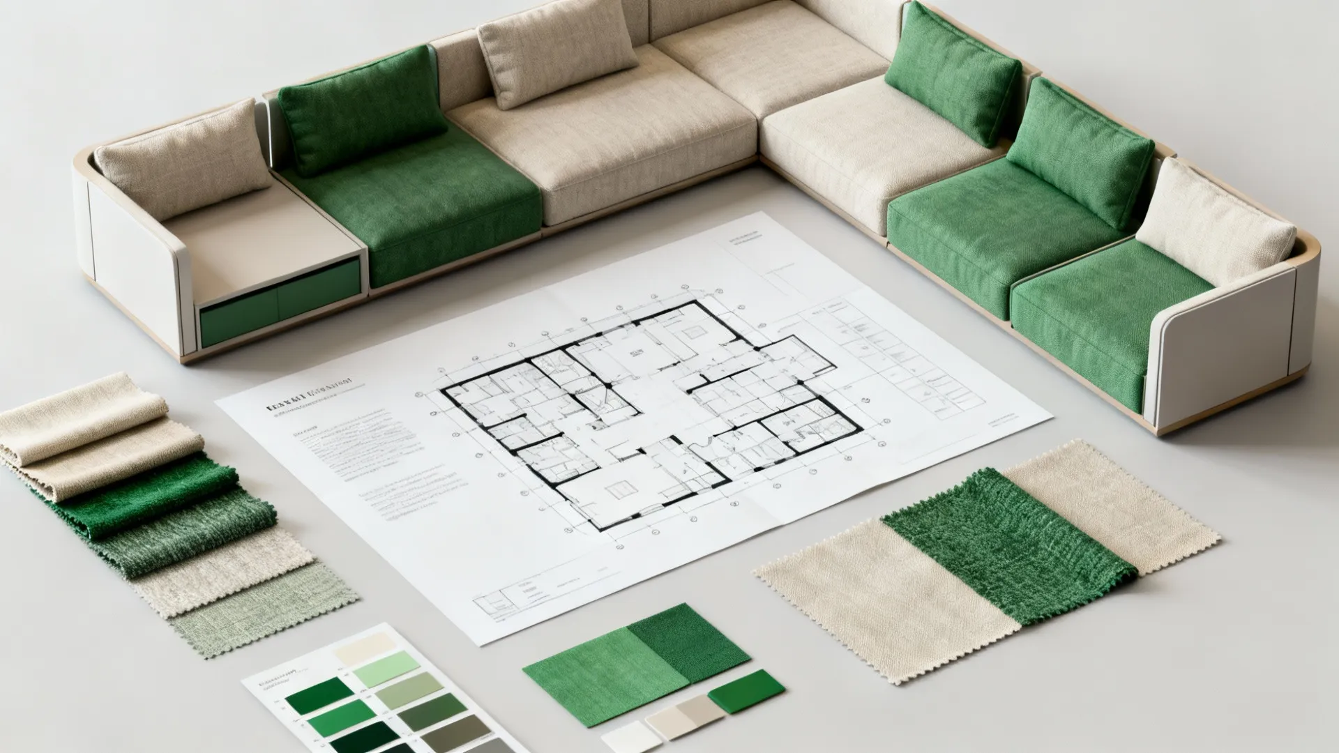 Top-down view of modular sectional components and fabric swatches for flexible layouts