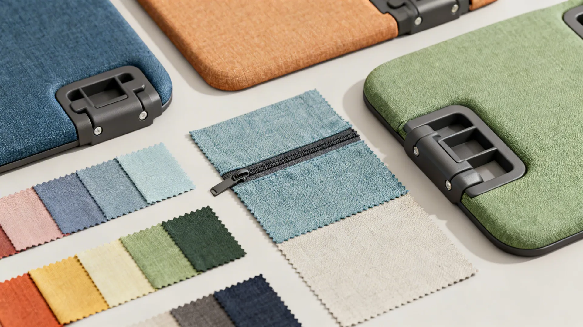 Flatlay of modular swivel chair parts and removable covers with fabric swatches