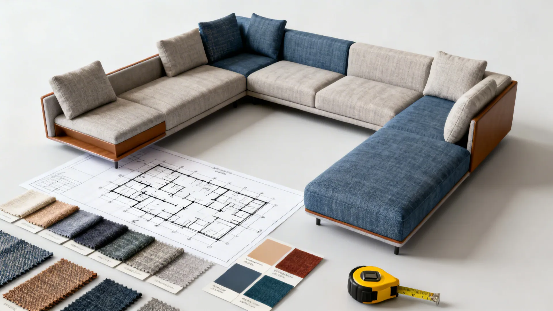 Flatlay of modular sectional pieces with fabric swatches and a floor plan for planning layouts.