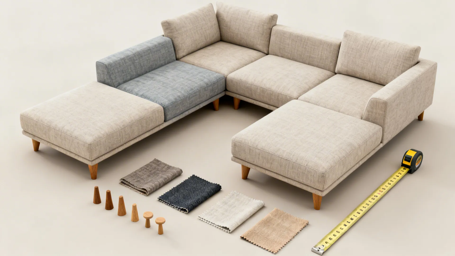 Flatlay of modular sofa segments with fabric swatches and leg samples for reconfiguration.