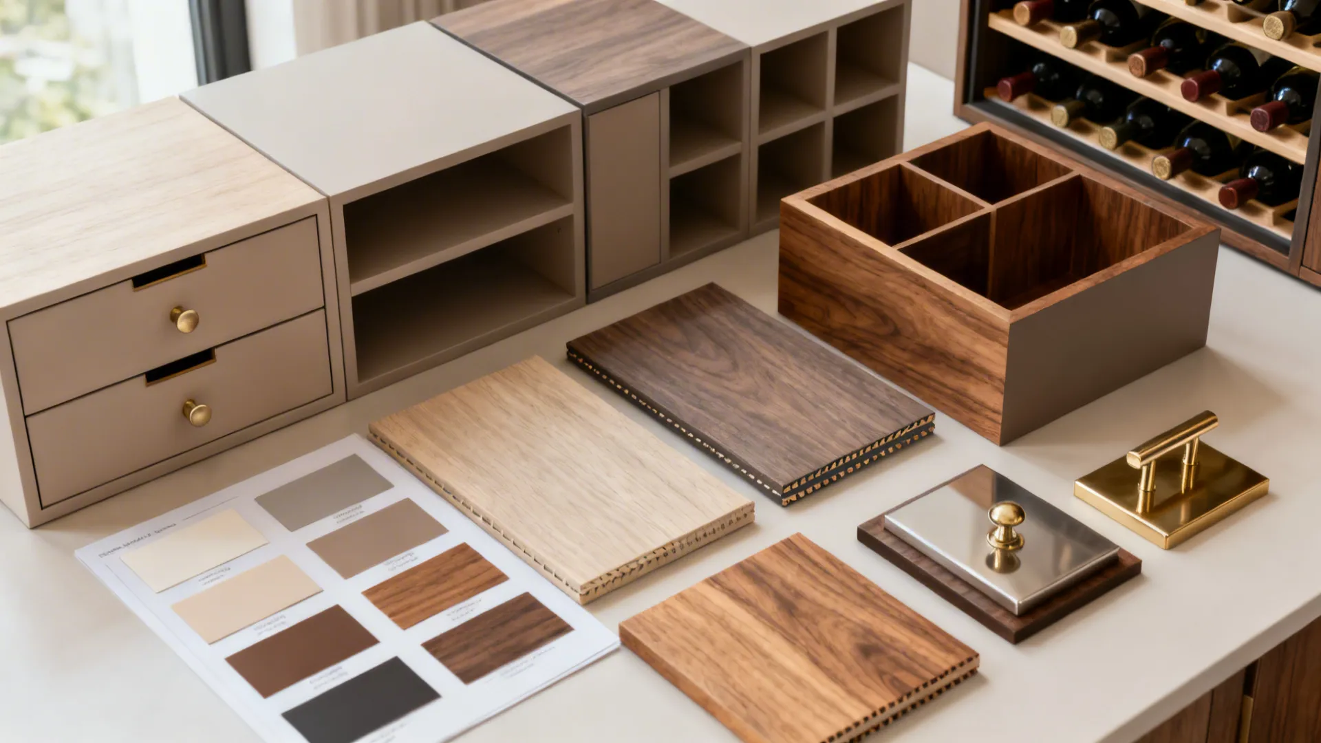 Flatlay of modular wall system components and finish swatches for reconfigurable storage