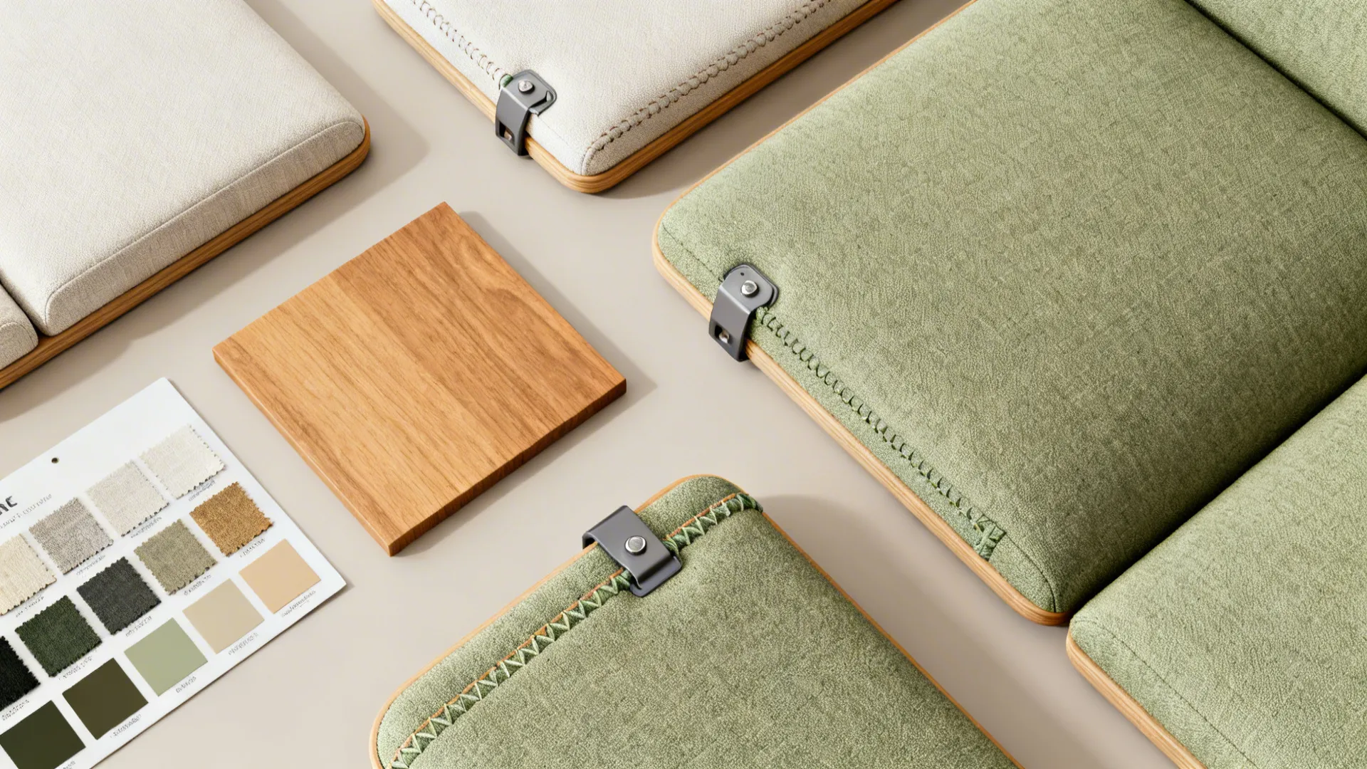 Flatlay of modular chair components and fabric swatches highlighting seams and connector hardware for flexible seating.