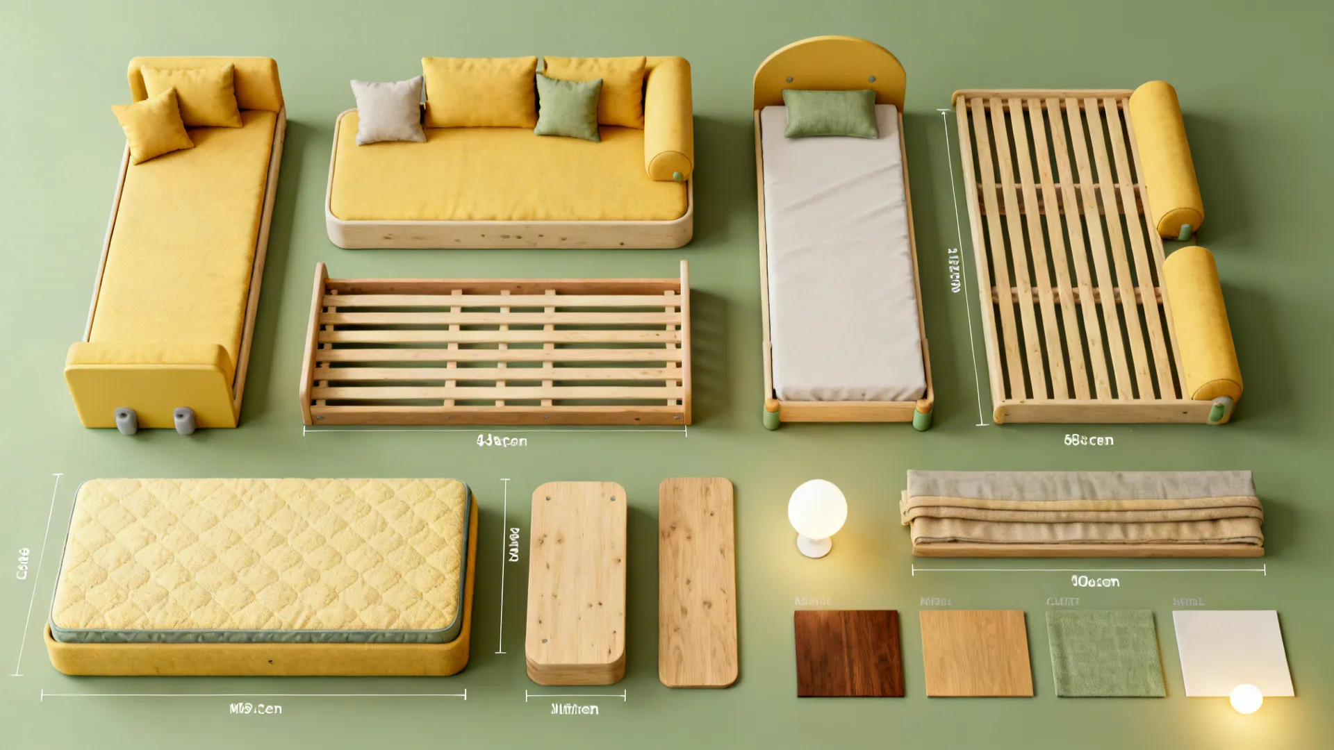 Furniture parts layout showing yellow sofa bed frames mattress wooden boards and fabric samples on green