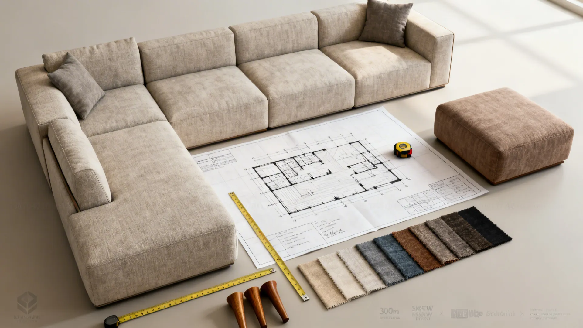 Top-down flatlay of modular sofa modules, fabric swatches, and floor plan sketch for planning.