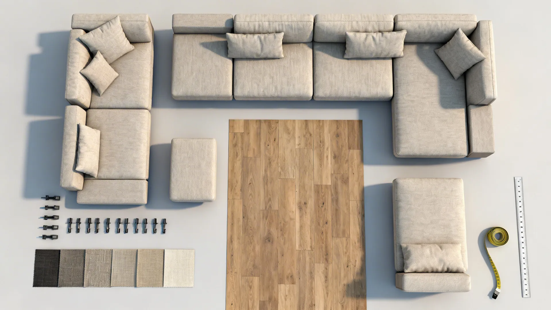 Top-down flatlay of modular L-shaped sofa pieces, fabric swatches, and layout tools.