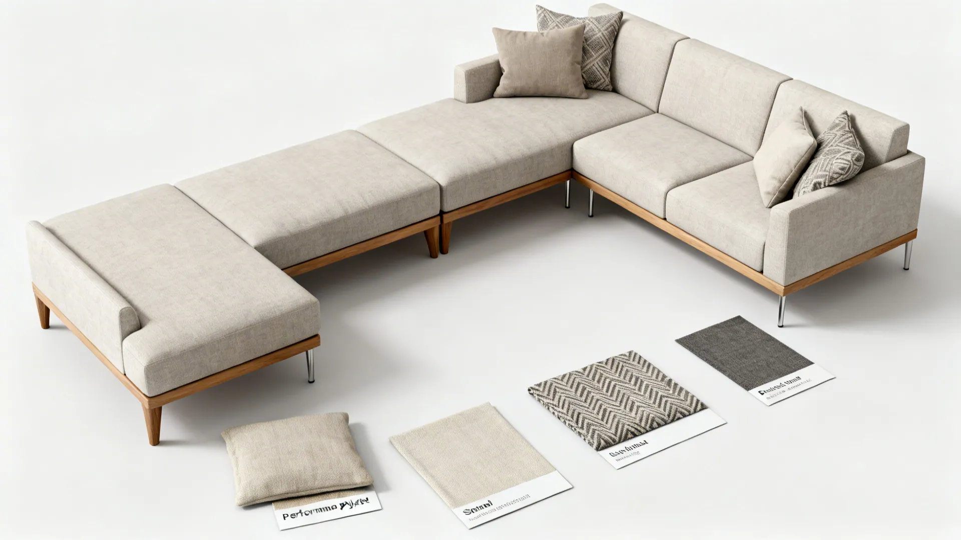 Flatlay of modular L-shaped sofa pieces and fabric swatches showing versatile configuration options.