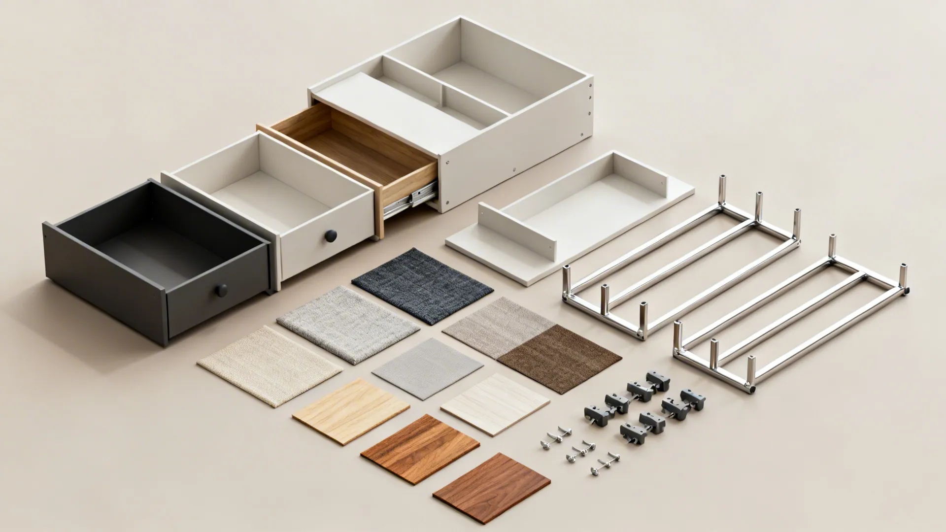 Flatlay of modular bunk components: removable drawers, shelving inserts, fabric swatches and wood samples.