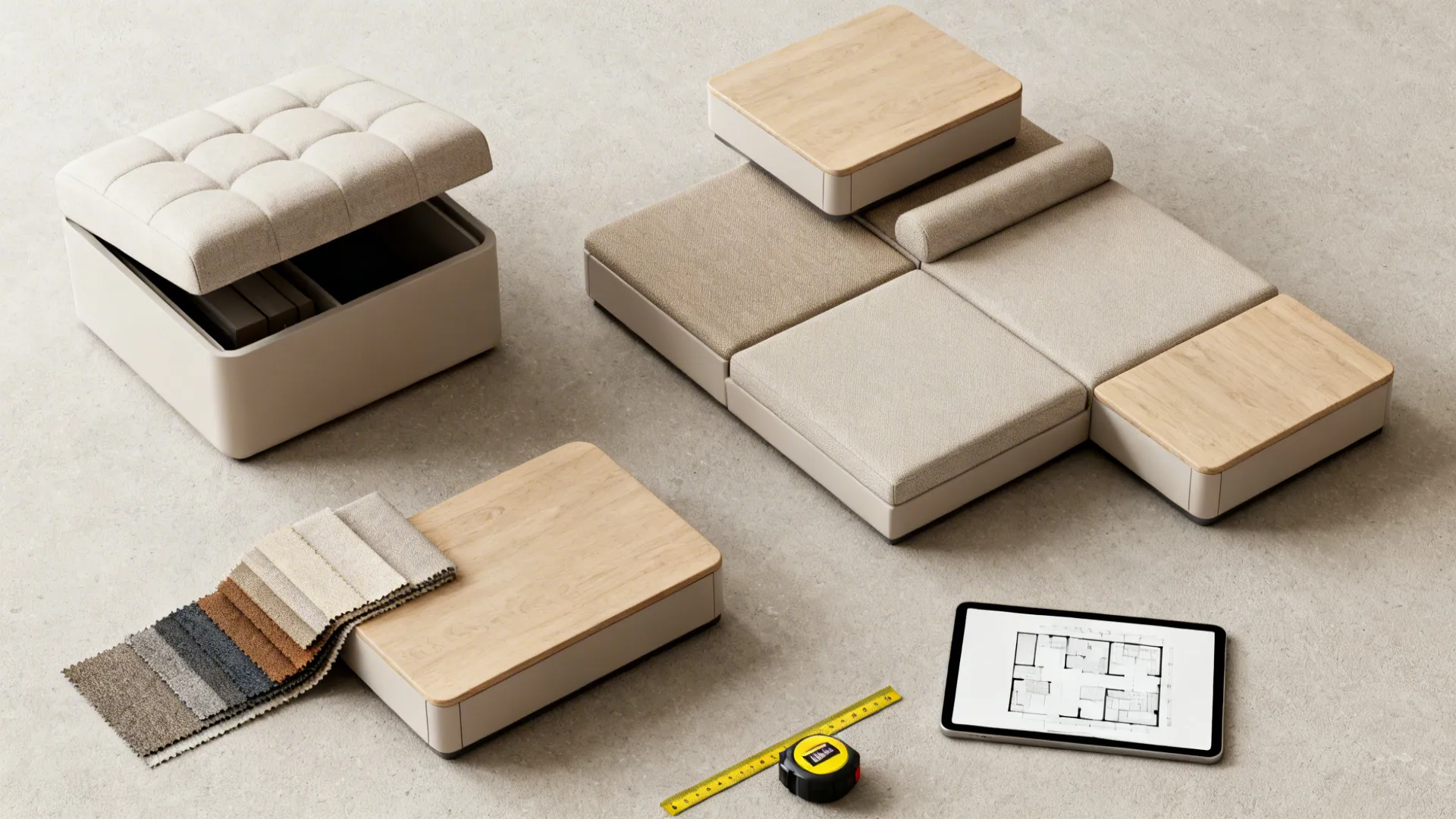 Flatlay of modular furniture samples, storage ottoman, and a tablet showing a 3D floor planner.
