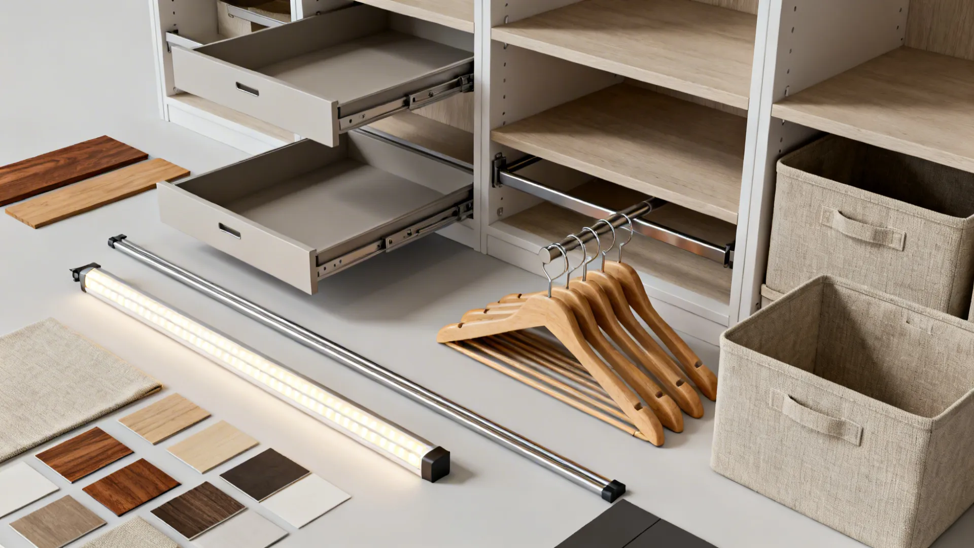 Flatlay of modular closet components: adjustable shelves, pull-out rails, bins and wood finish swatches.
