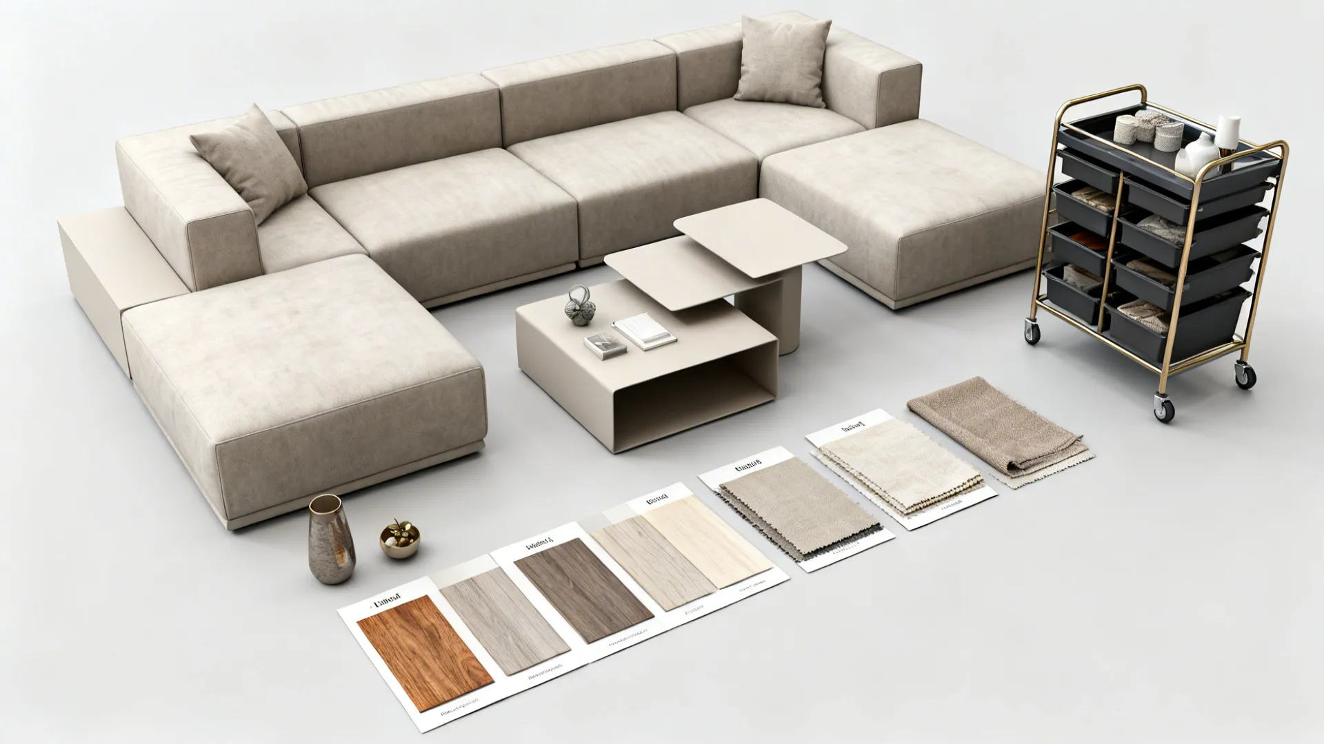Flatlay of modular sofa pieces, nesting tables, rolling storage cart and fabric swatches.