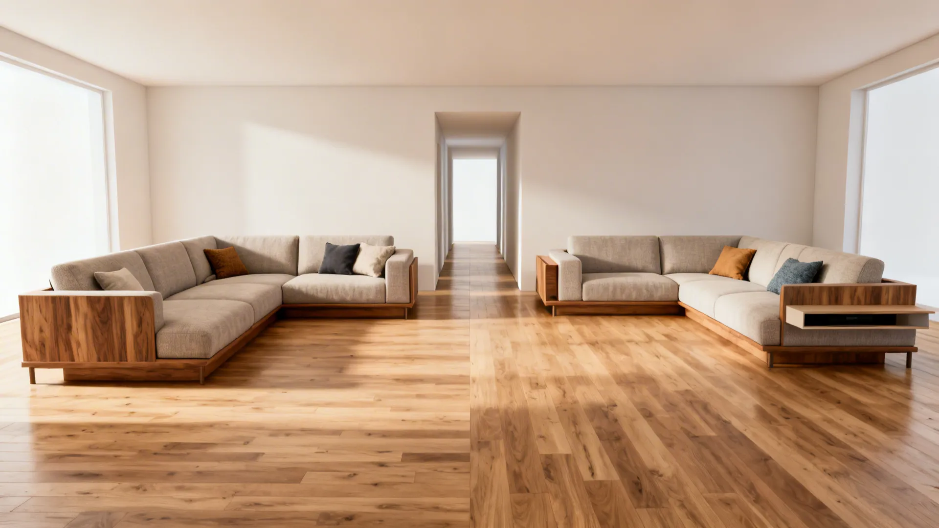 Living room showing modular sectional configured as L-shape and as two separate sofas to demonstrate flexibility.