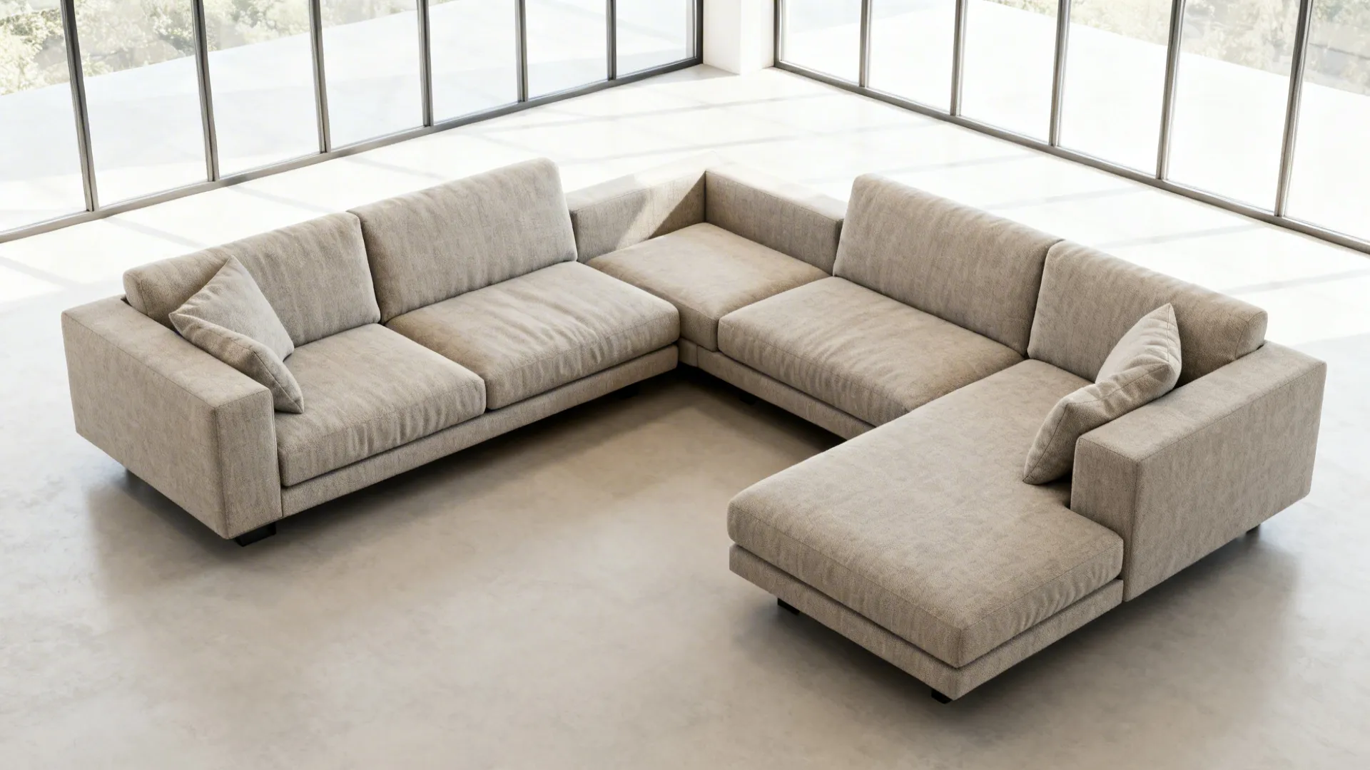 Modular sectional shown in two configurations: L-shape and split loveseats in a bright living room
