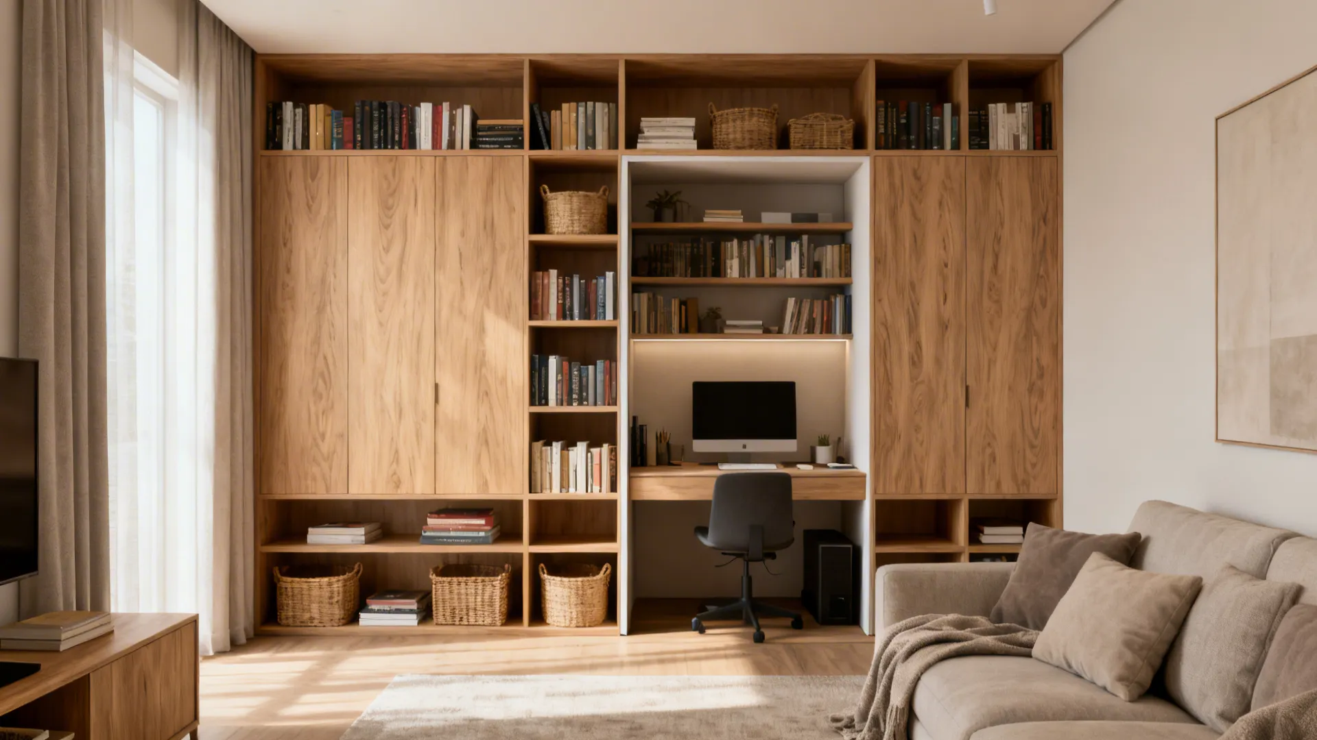 Floor-to-ceiling modular shelving with deeper lower shelves and a hidden desk nook
