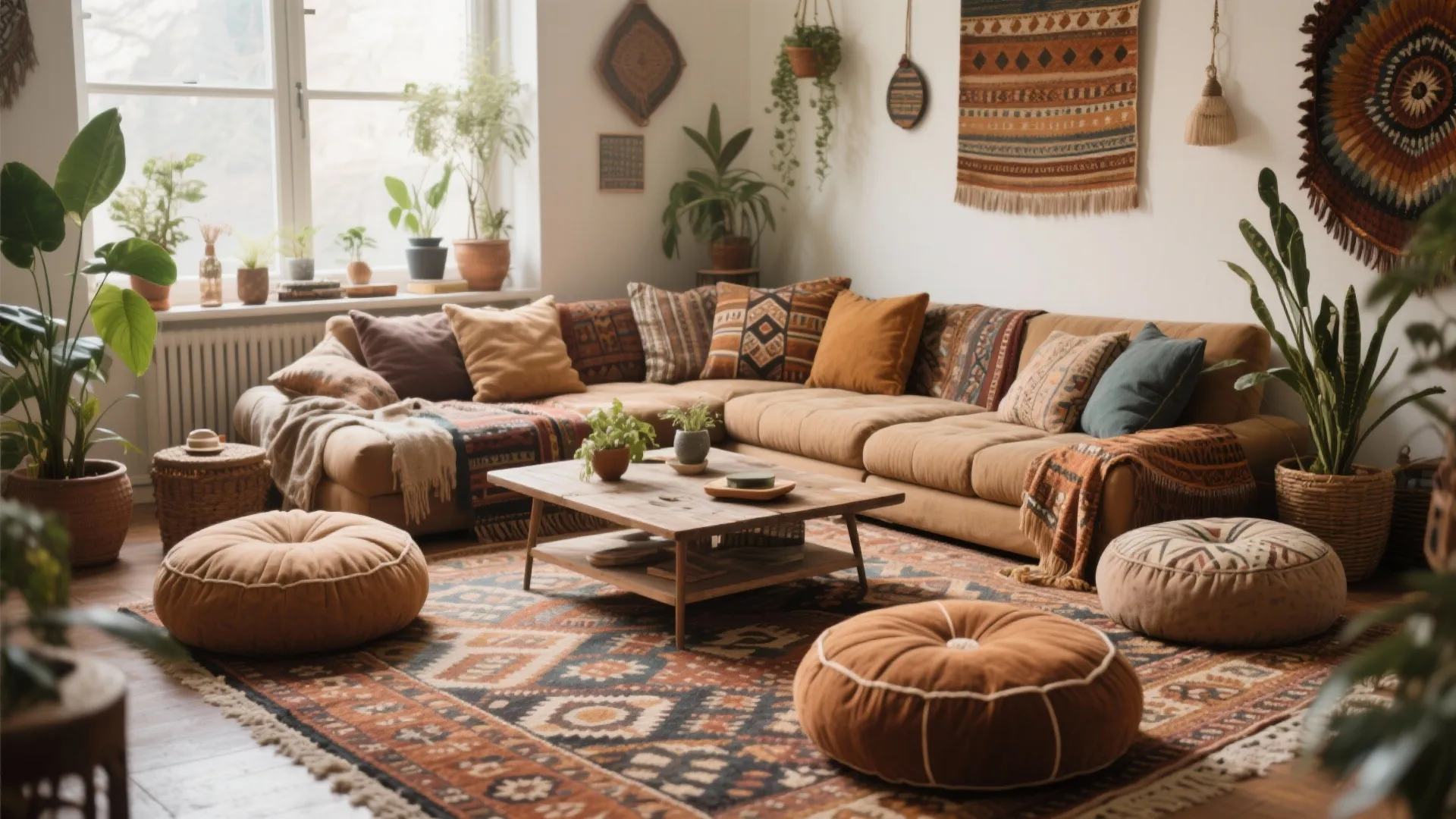 Oversized modular floor cushions in a bohemian living space