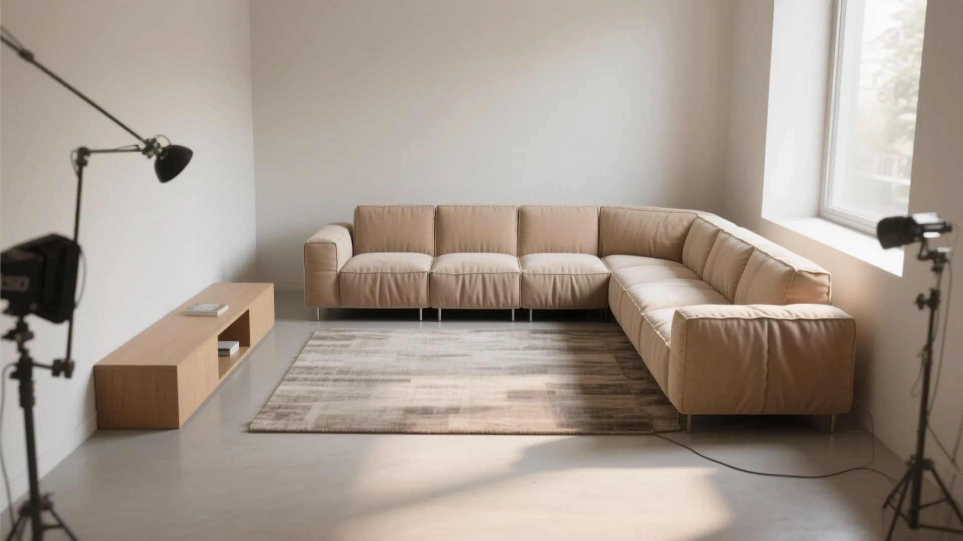 Large beige corner sofa in a bright room with a wooden cabinet and patterned rug