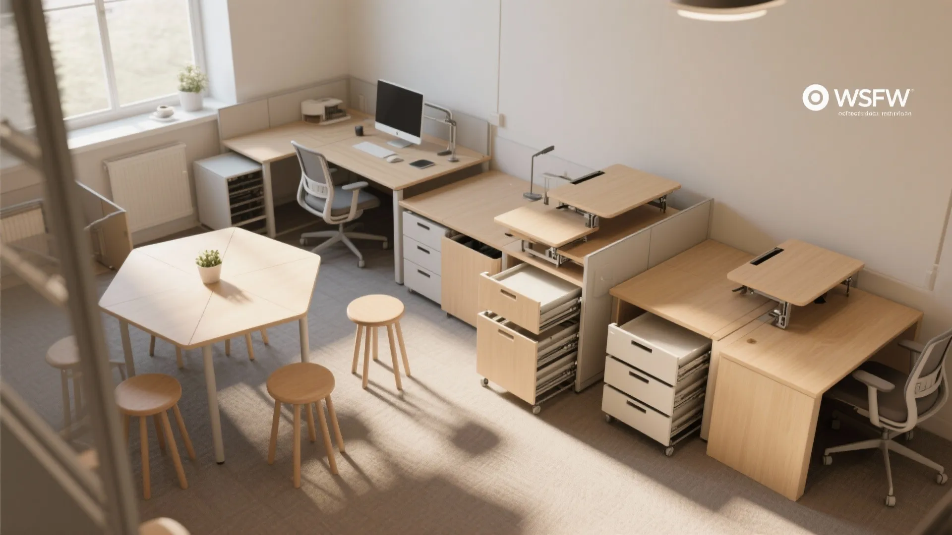 Modern office workspace featuring light wood modular desks, white cabinets, grey chairs, and round stools
