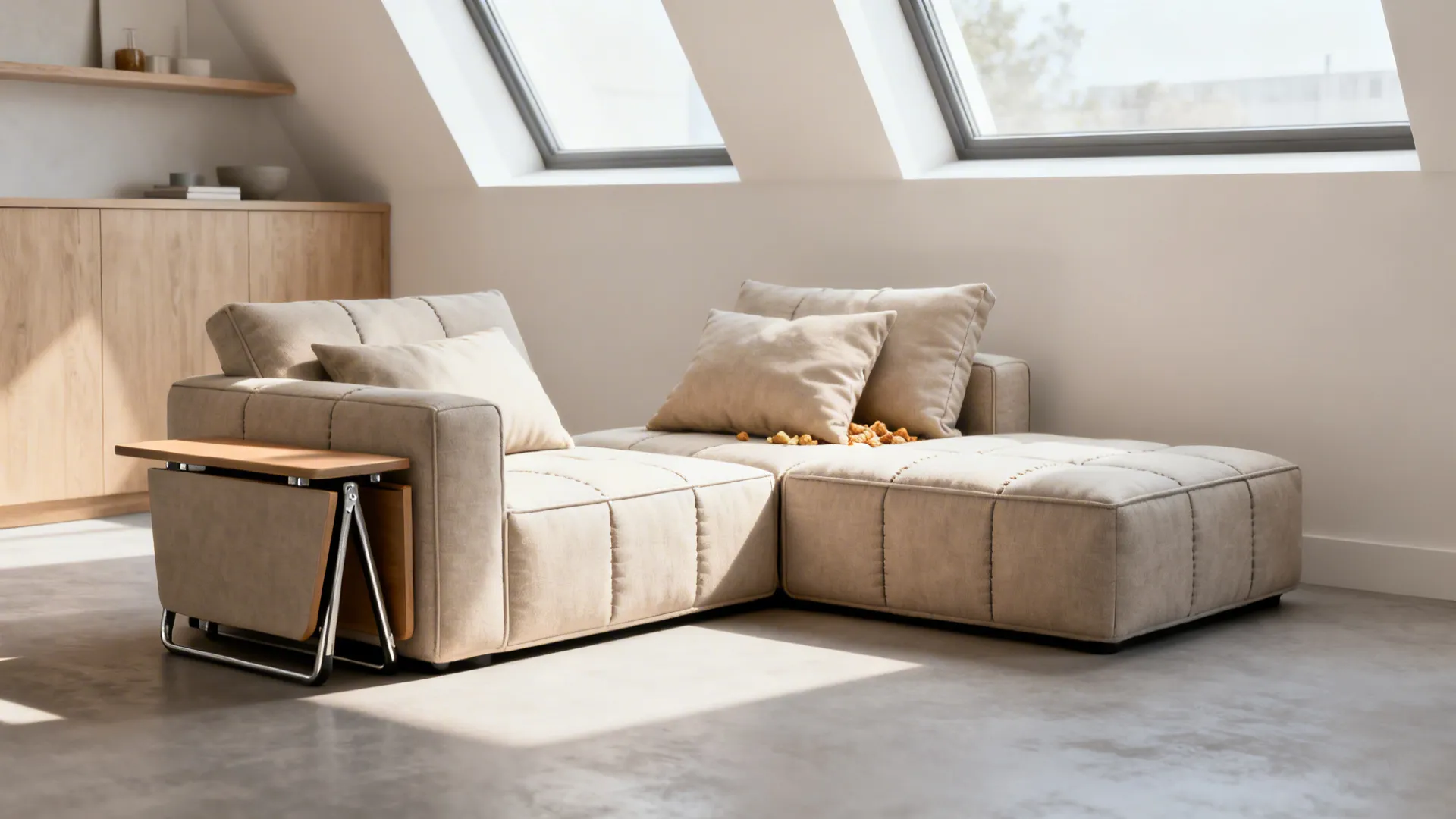 Two-piece modular sofa configured as a mini-chaise with a folding accent table in a compact loft
