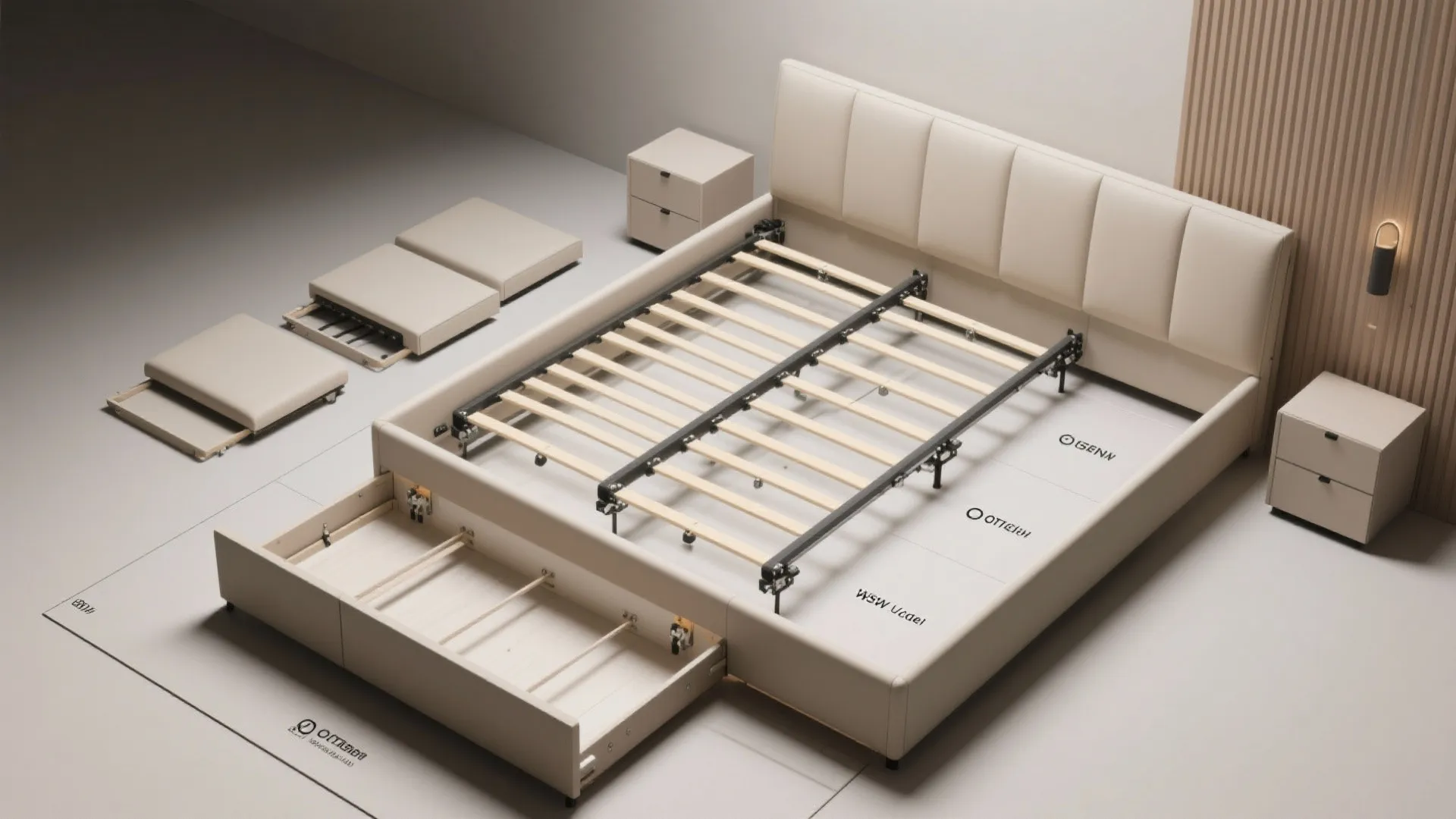 Top-down view of a modular bed frame with a removable footboard and adjustable base clearance annotations