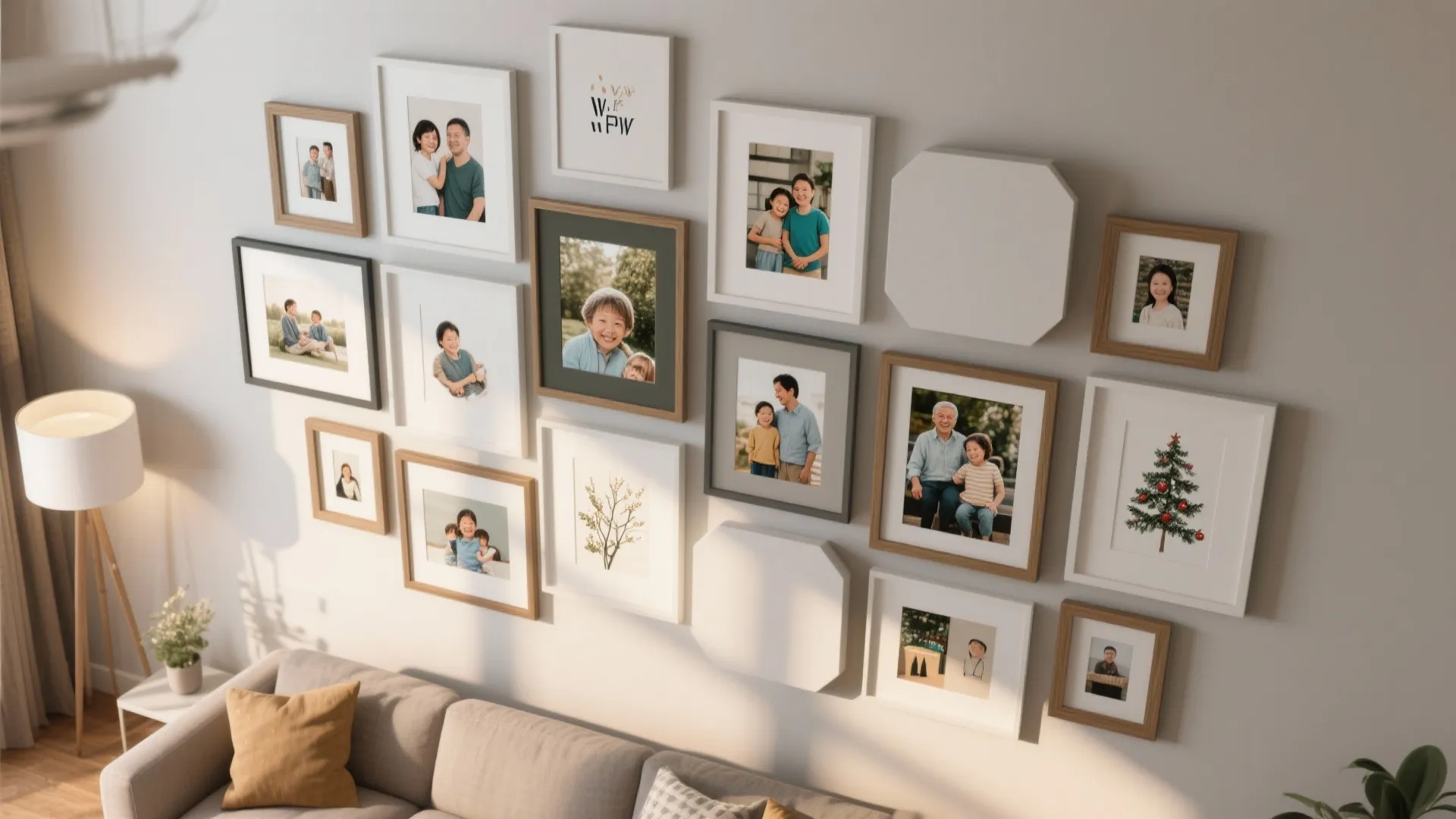 Living room wall with many family photo frames above a grey sofa with yellow pillow