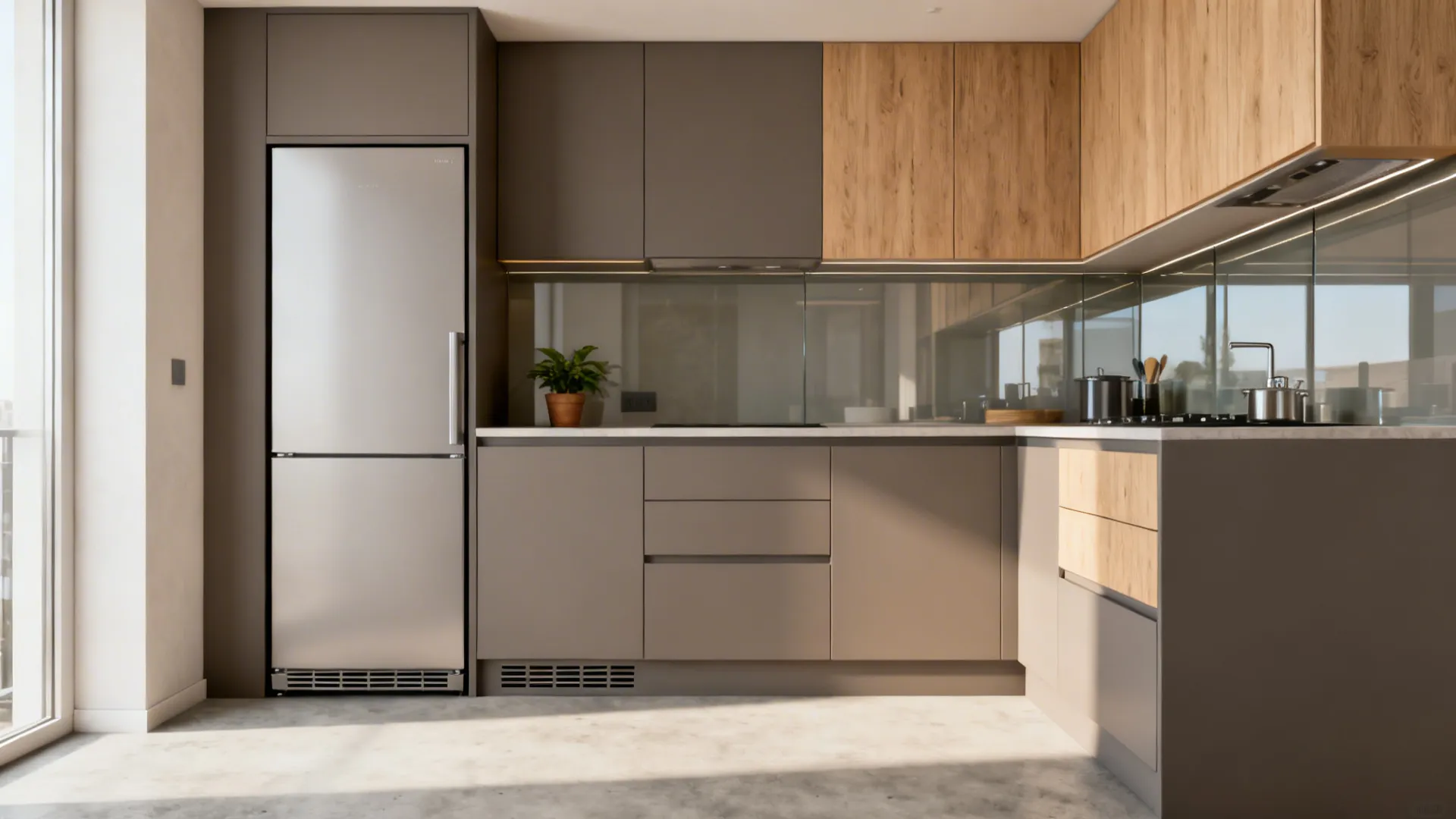 Modern kitchen with grey cabinets, wood upper units, stainless steel fridge, and a small plant