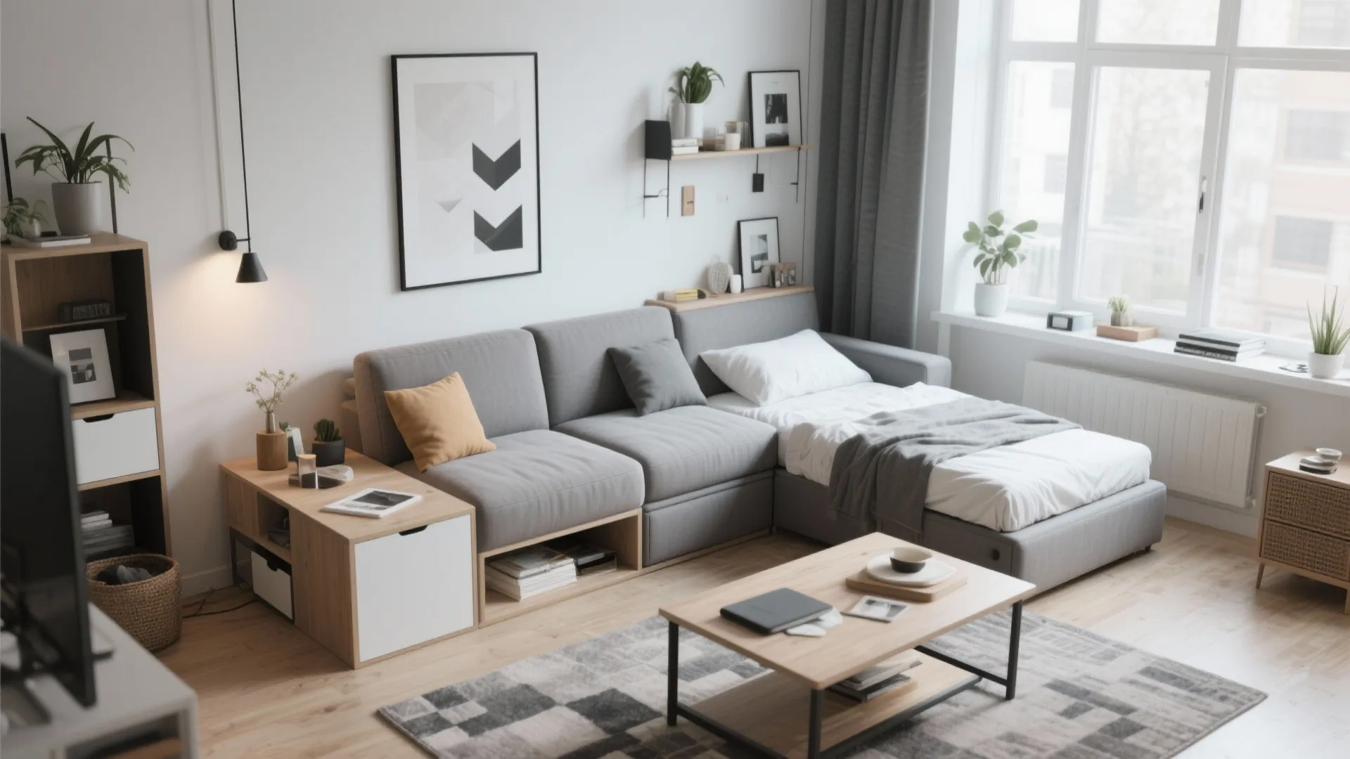 Grey sofa with wooden storage units in a bright room with window and floor rug