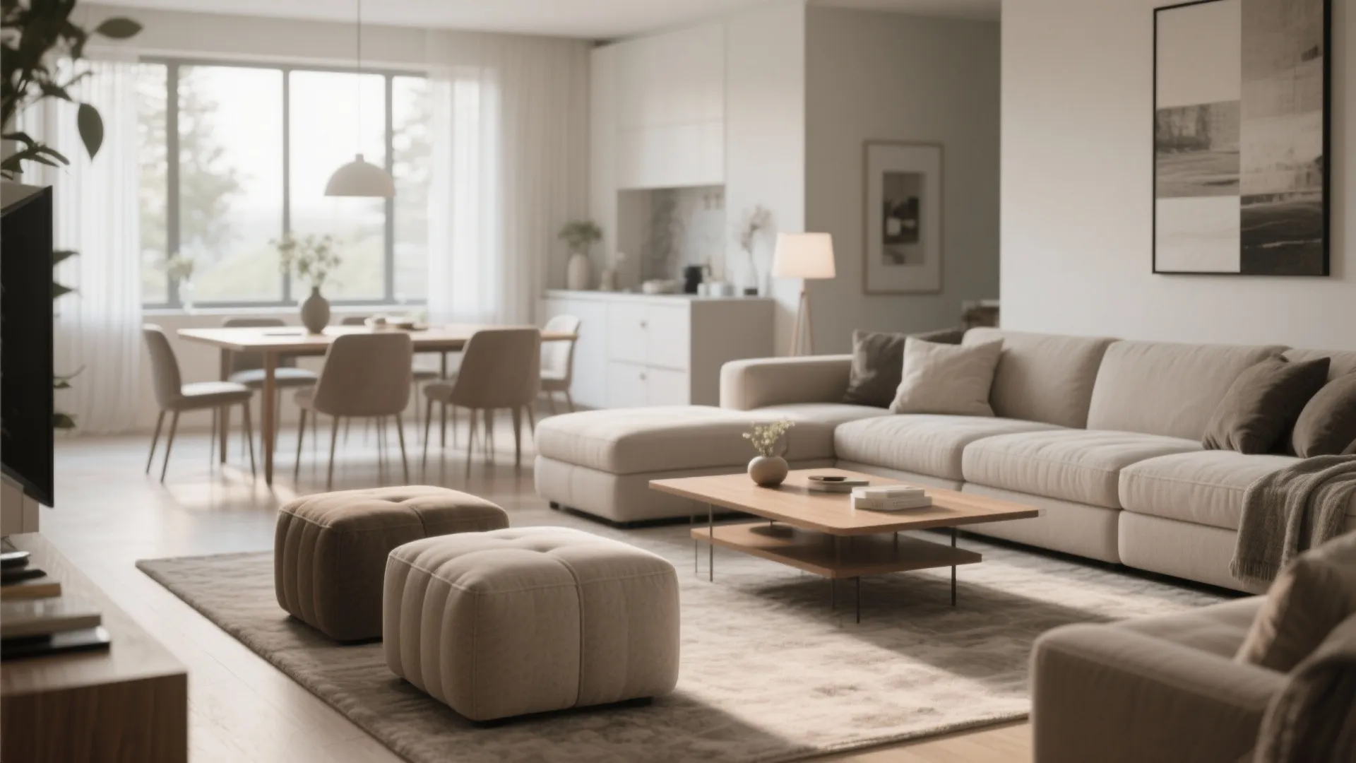 Bright living room design with large beige sofa wooden coffee table footrest and natural window light