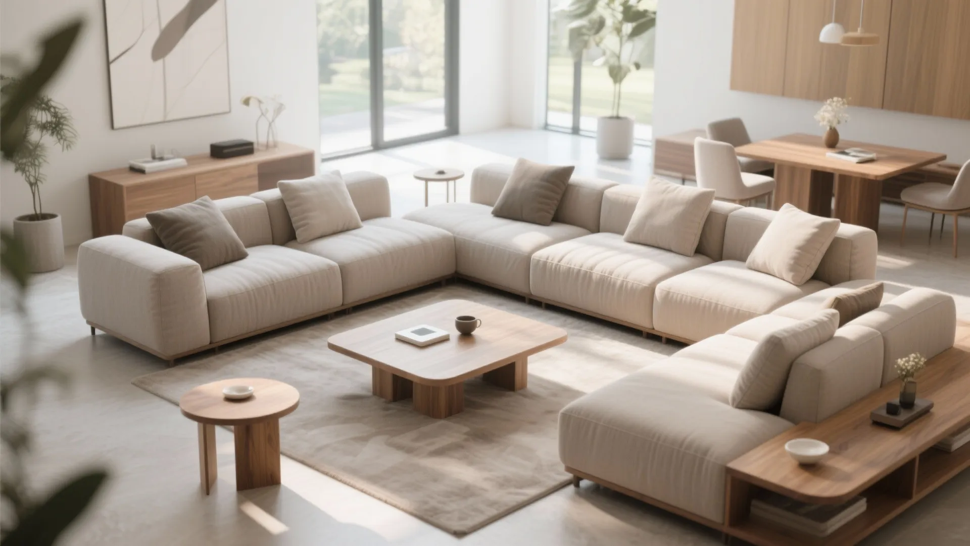 Minimalist living room with large beige sofa around a square wooden coffee table and rug