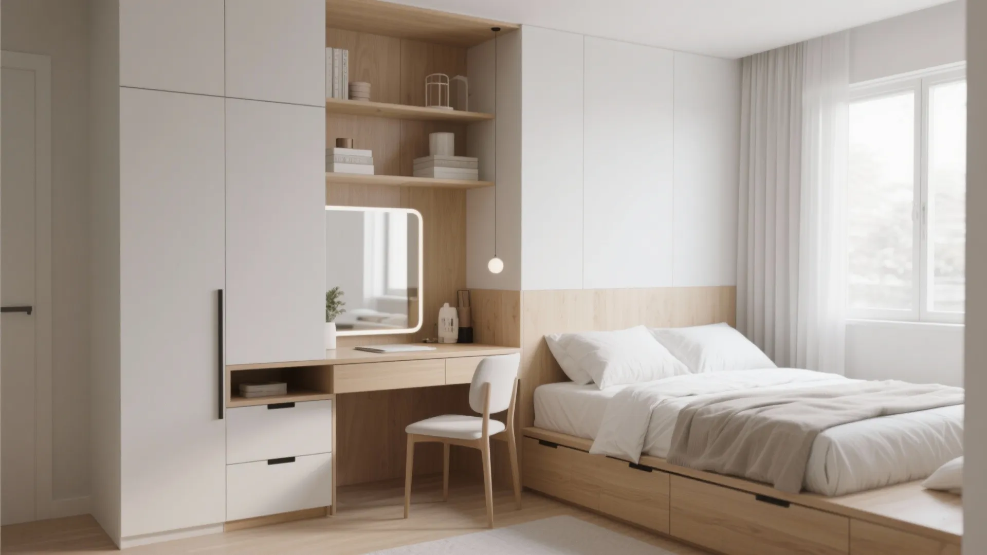 Modern bedroom featuring white wardrobe with integrated desk wooden shelving and bed with built-in storage