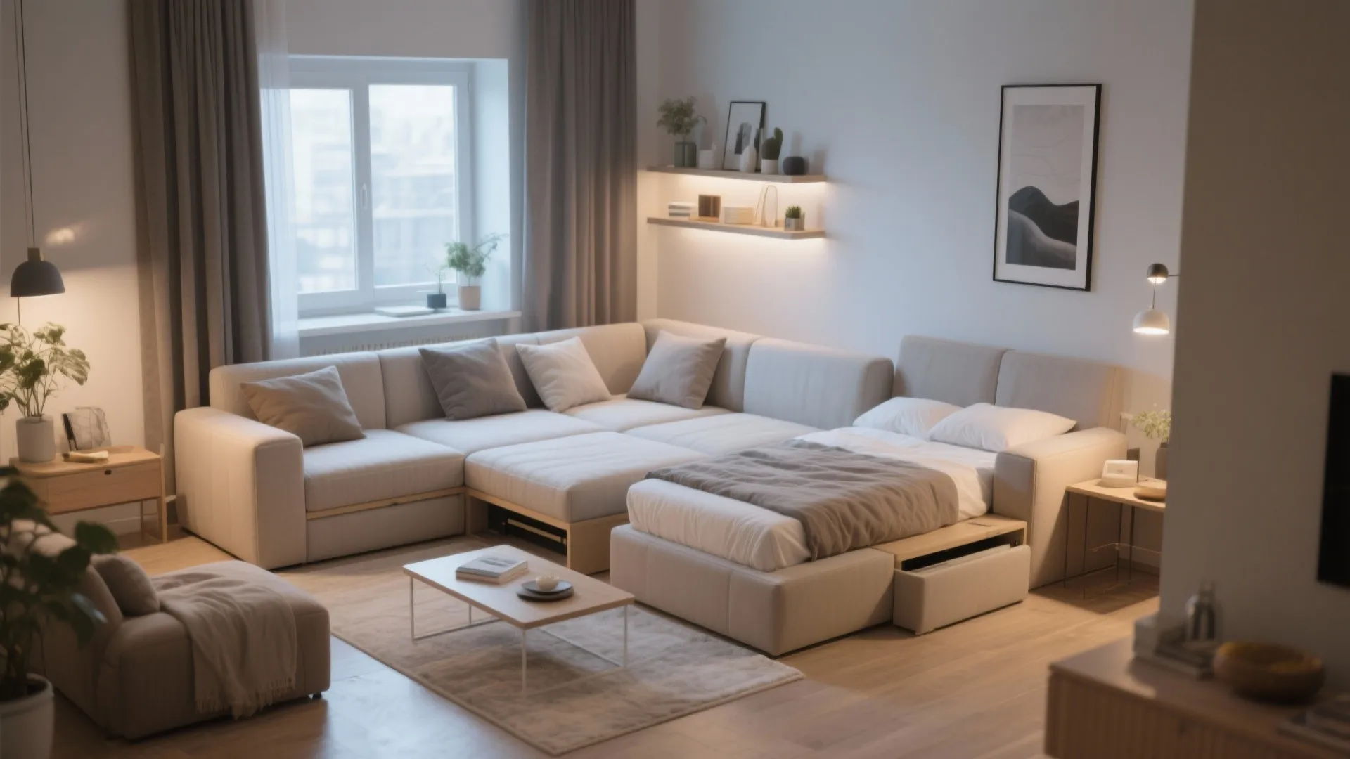 Small apartment living room with modular sofa converted into bed coffee table and warm wall light