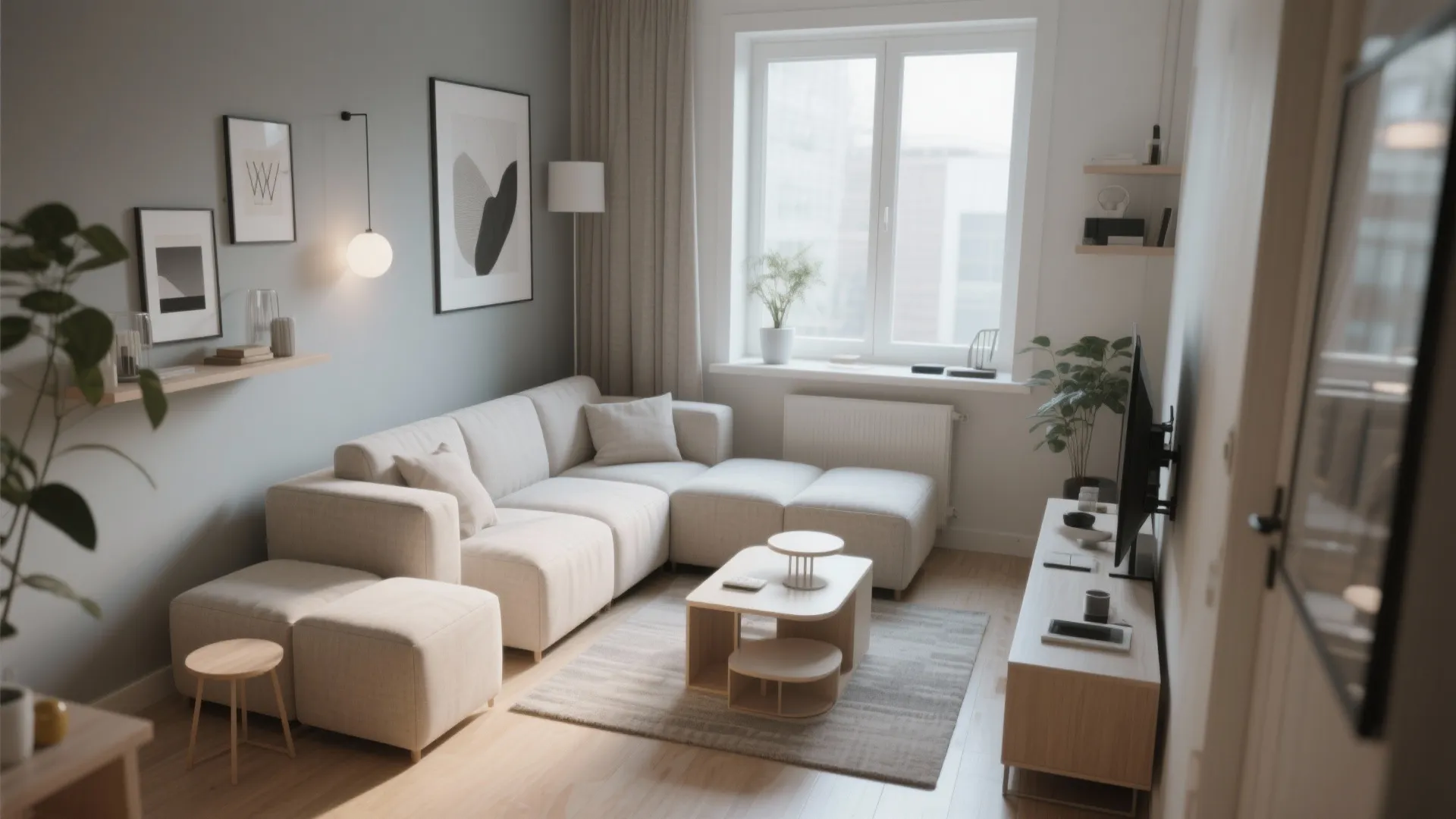 Modular sofa cubes and nesting tables in small apartment