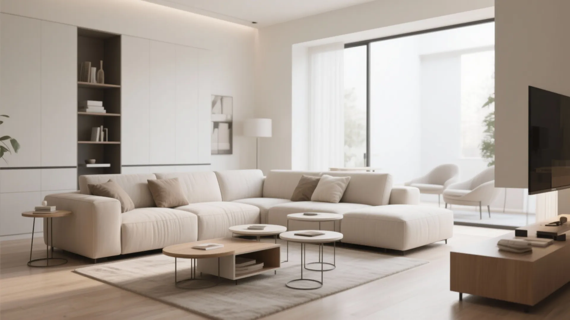 Bright minimalist living room with a white modular sofa set and small round coffee tables