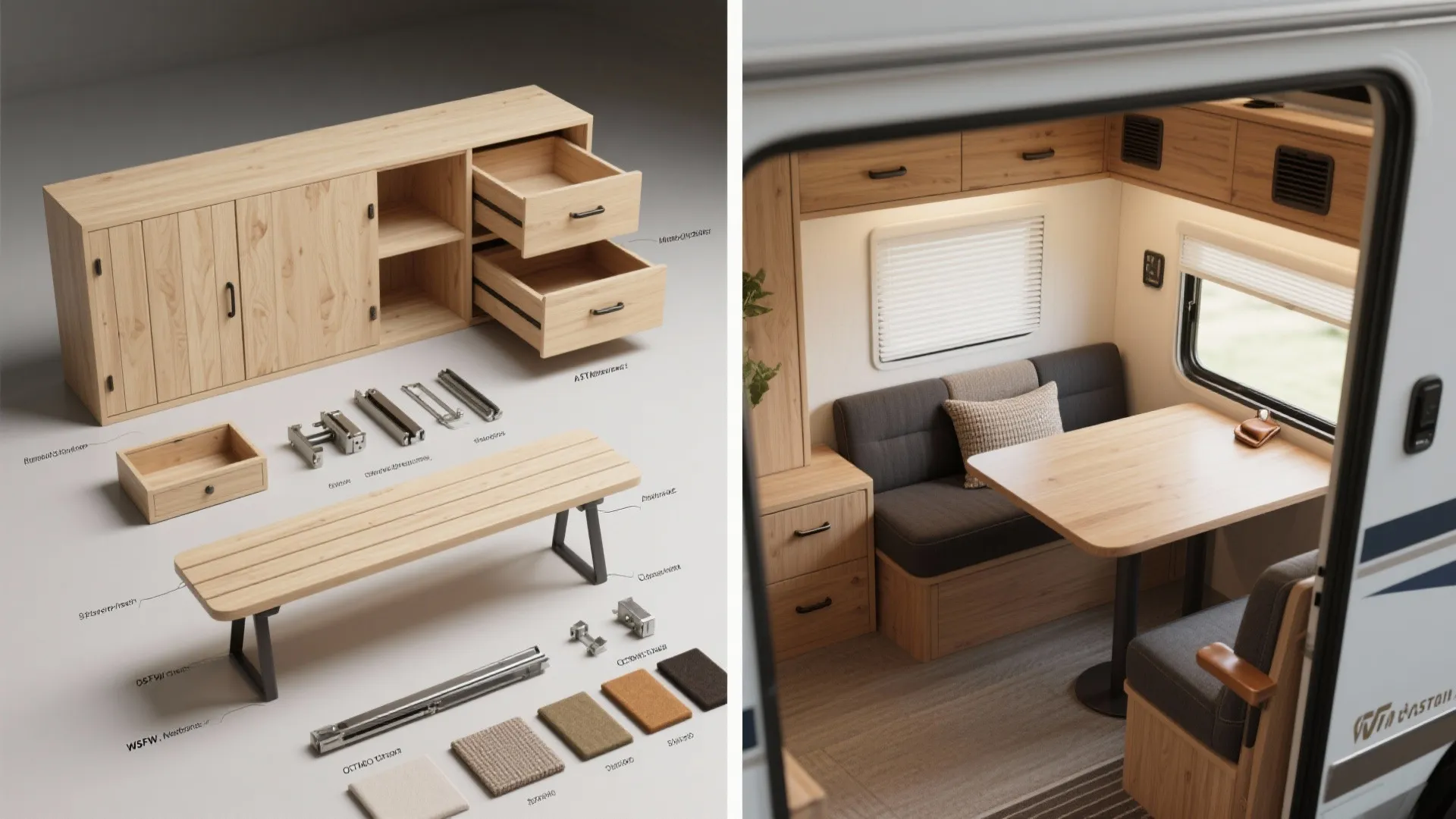 Flatlay of modular furniture components with an installed convertible bench/dining/bed unit shown in an RV interior.