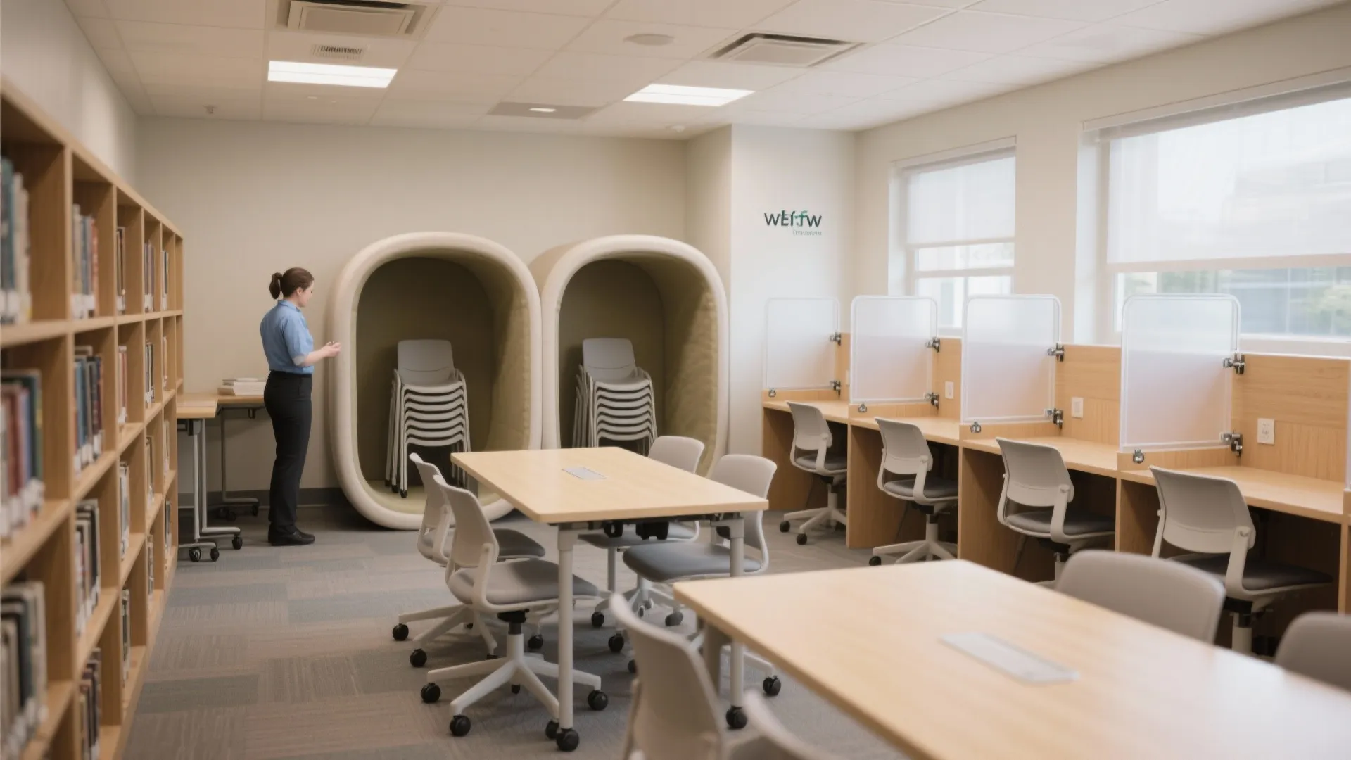 Library room with a woman standing near bookshelves, wooden tables, chairs, and modular furniture pods