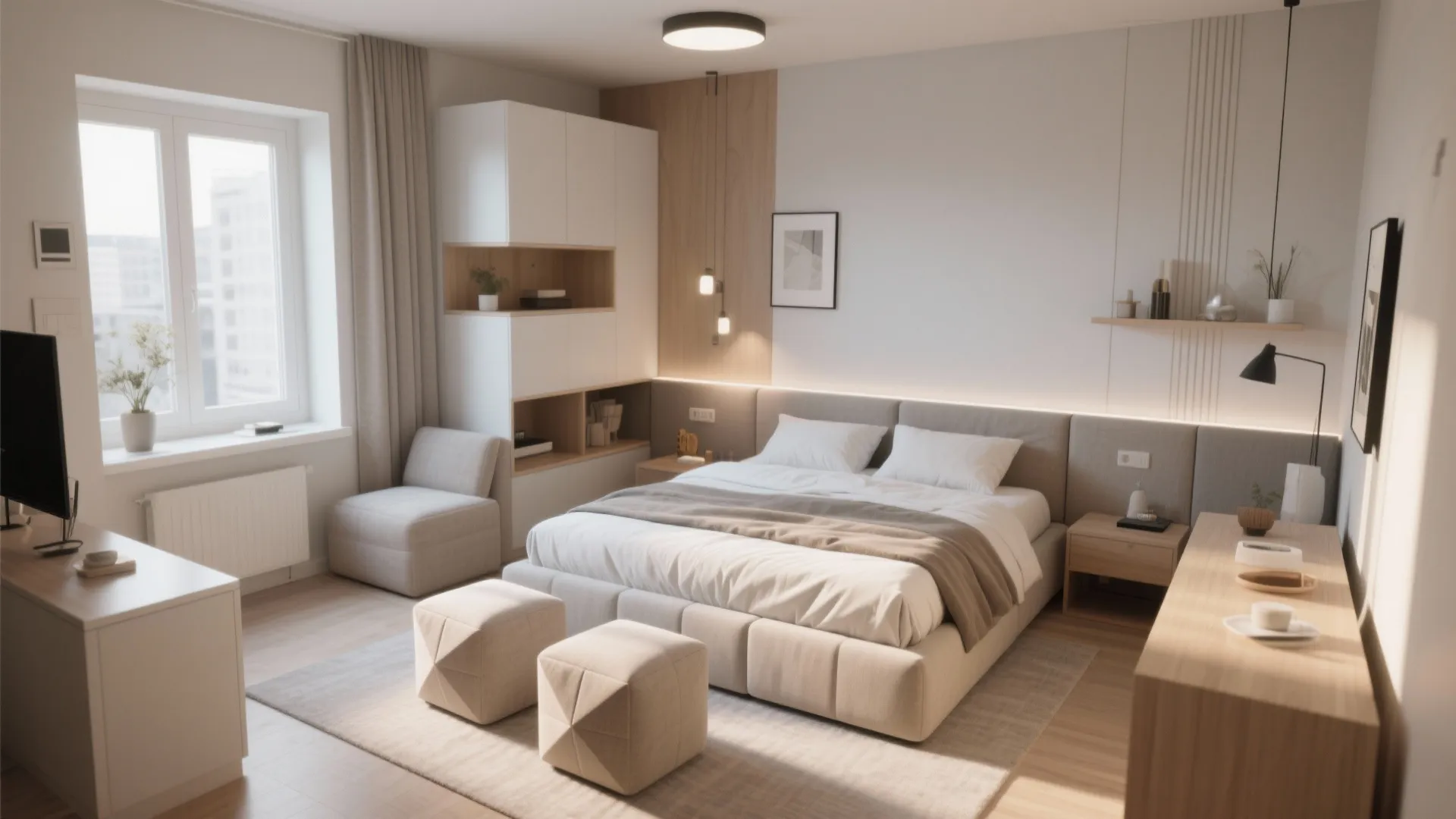 Modern bedroom with large bed white cabinets grey wall panels ceiling light and two footrests