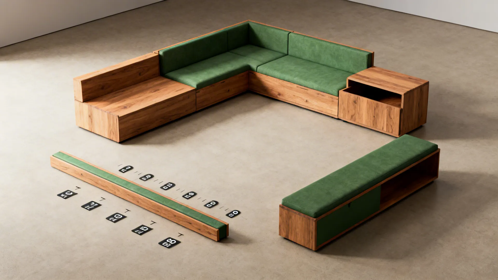 Modular compact furniture samples and multi-functional storage options for small L-shaped living rooms.