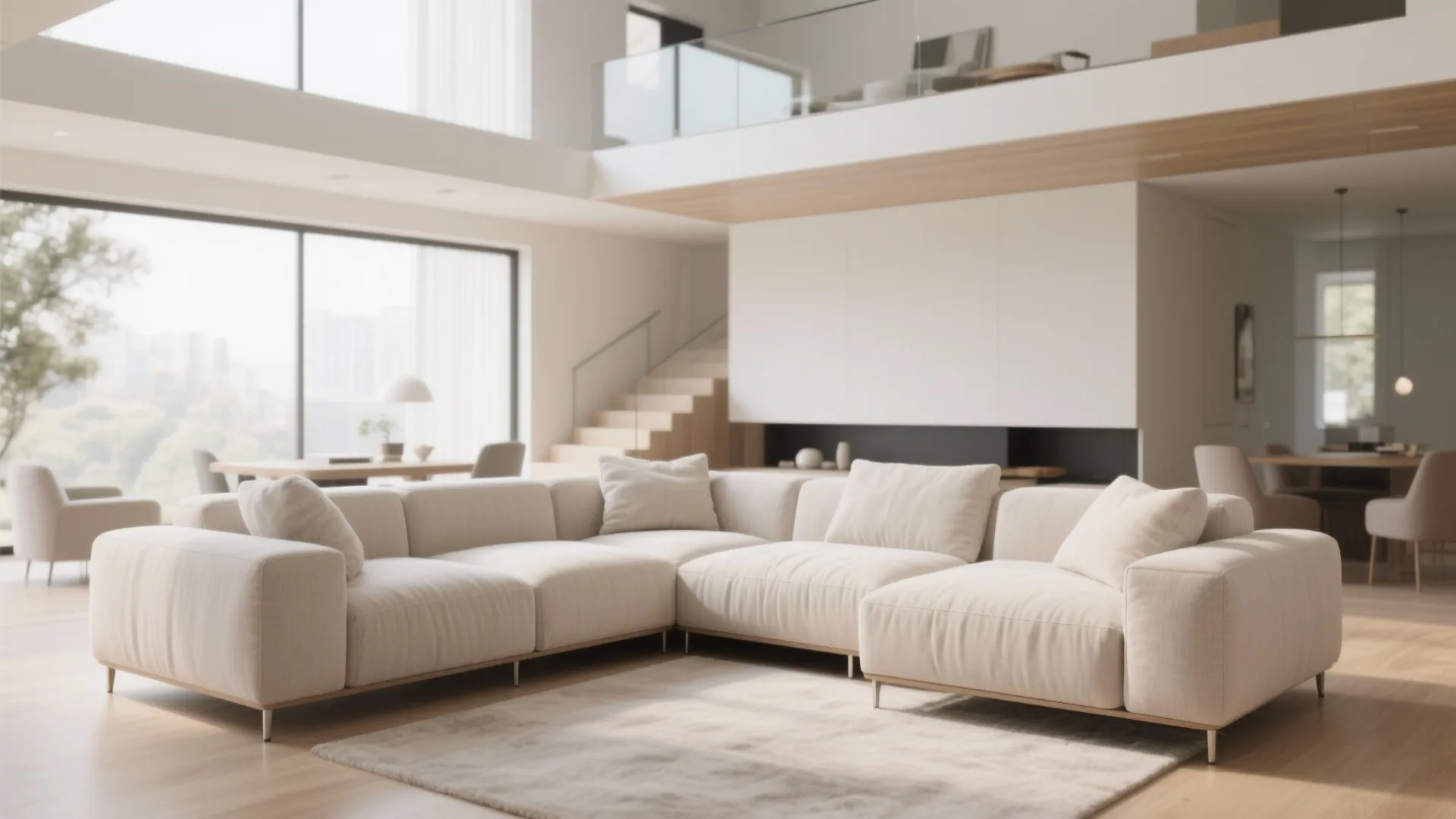 Modern open living room with cream sofa wood floor large windows and a second floor