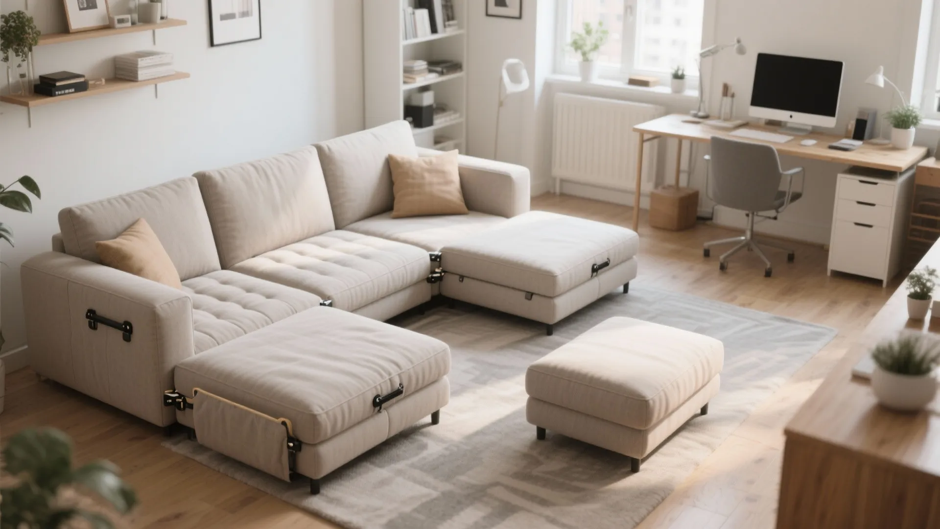 Modern living room with modular beige sofa, footrest, wooden floor, and home office desk setup