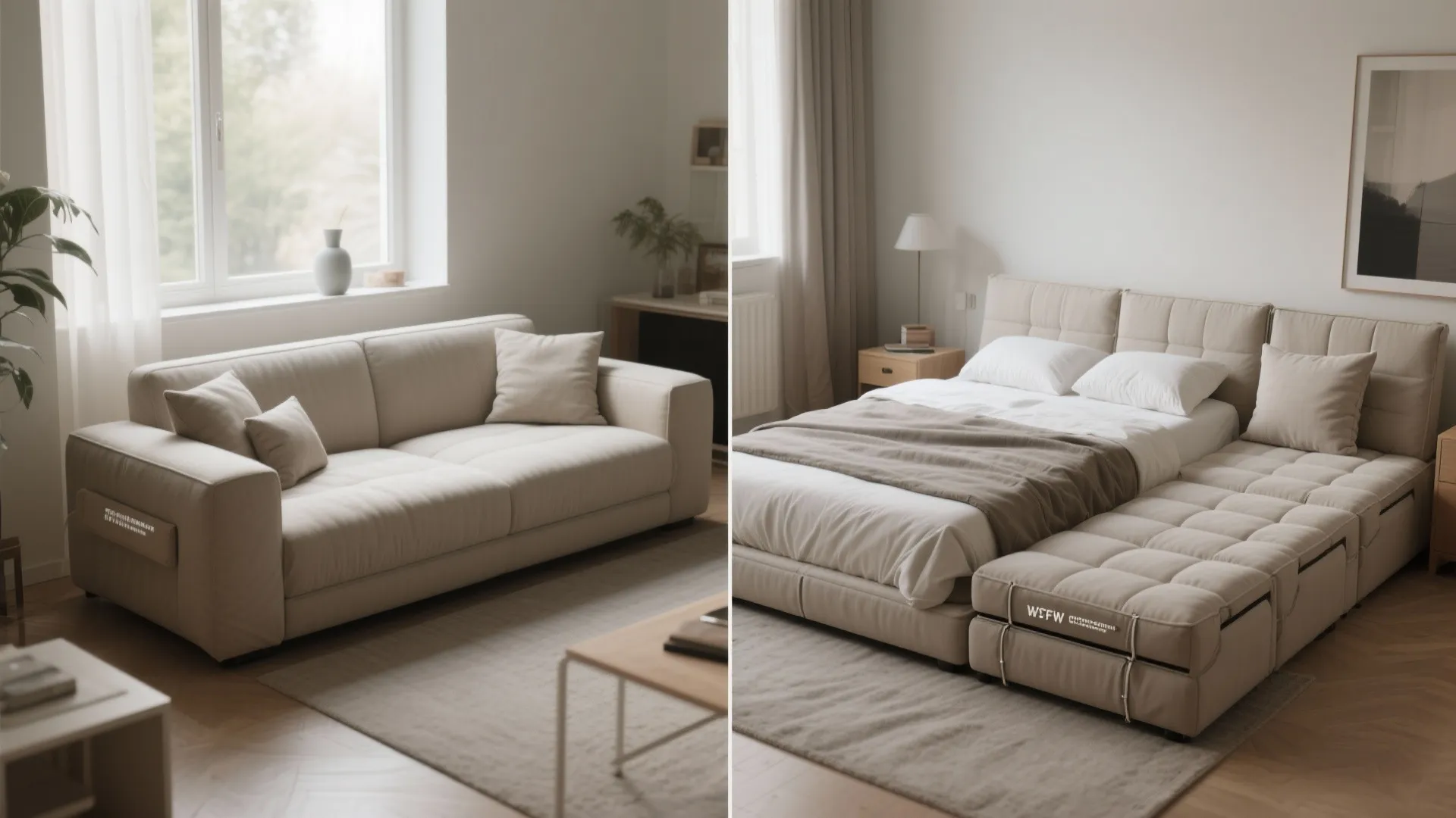Modular futon shown as a sofa and as a bed side-by-side to show flexibility