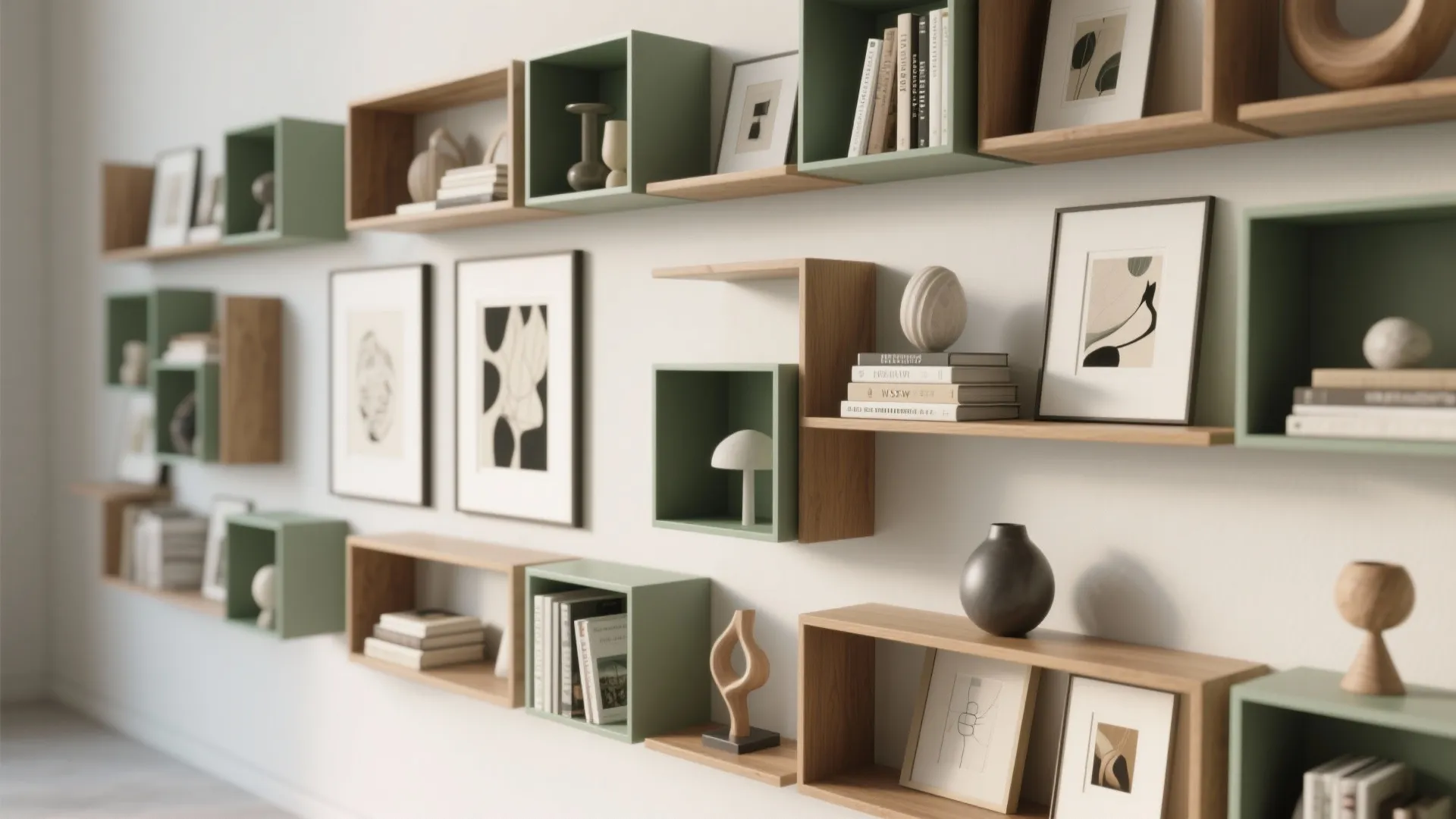 Modern wall shelf display with green and wood boxes holding books pictures and small decor