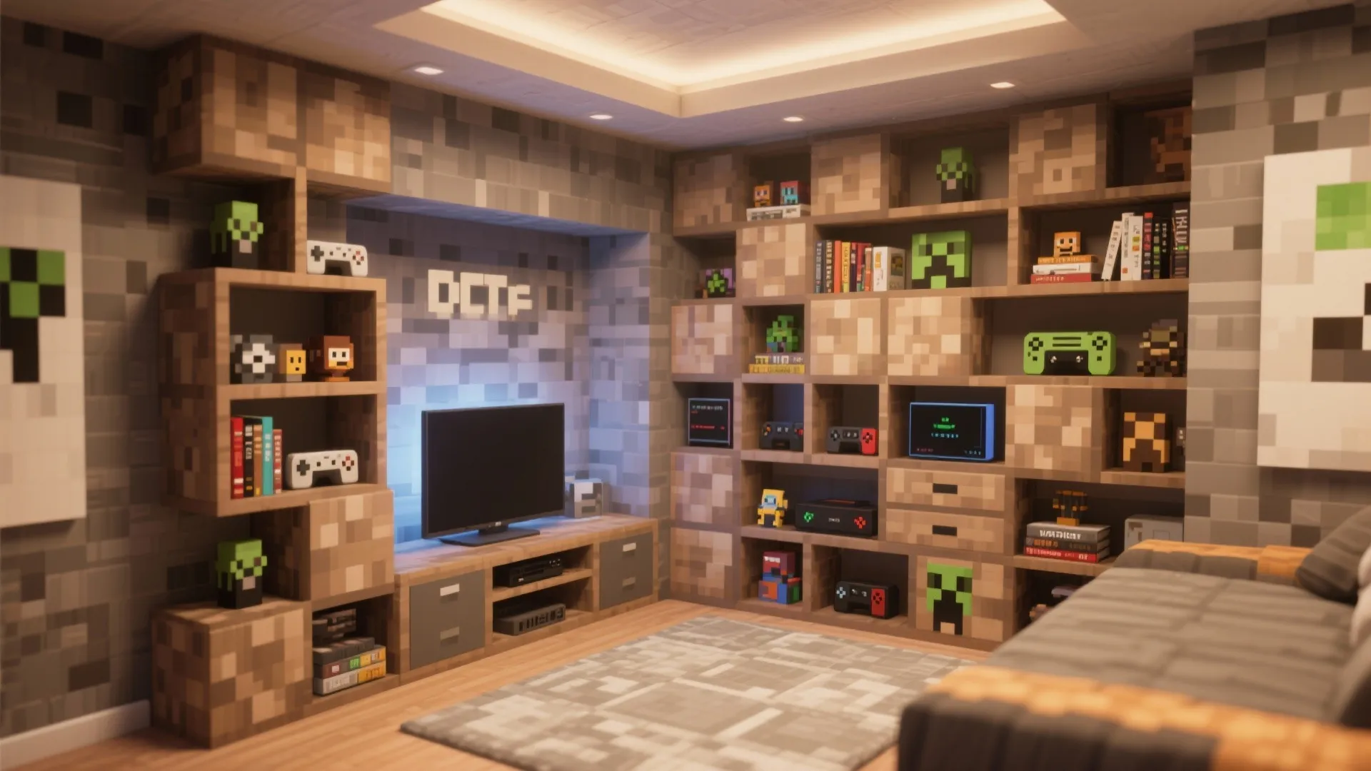 Flexible modular shelving in a Minecraft-themed room