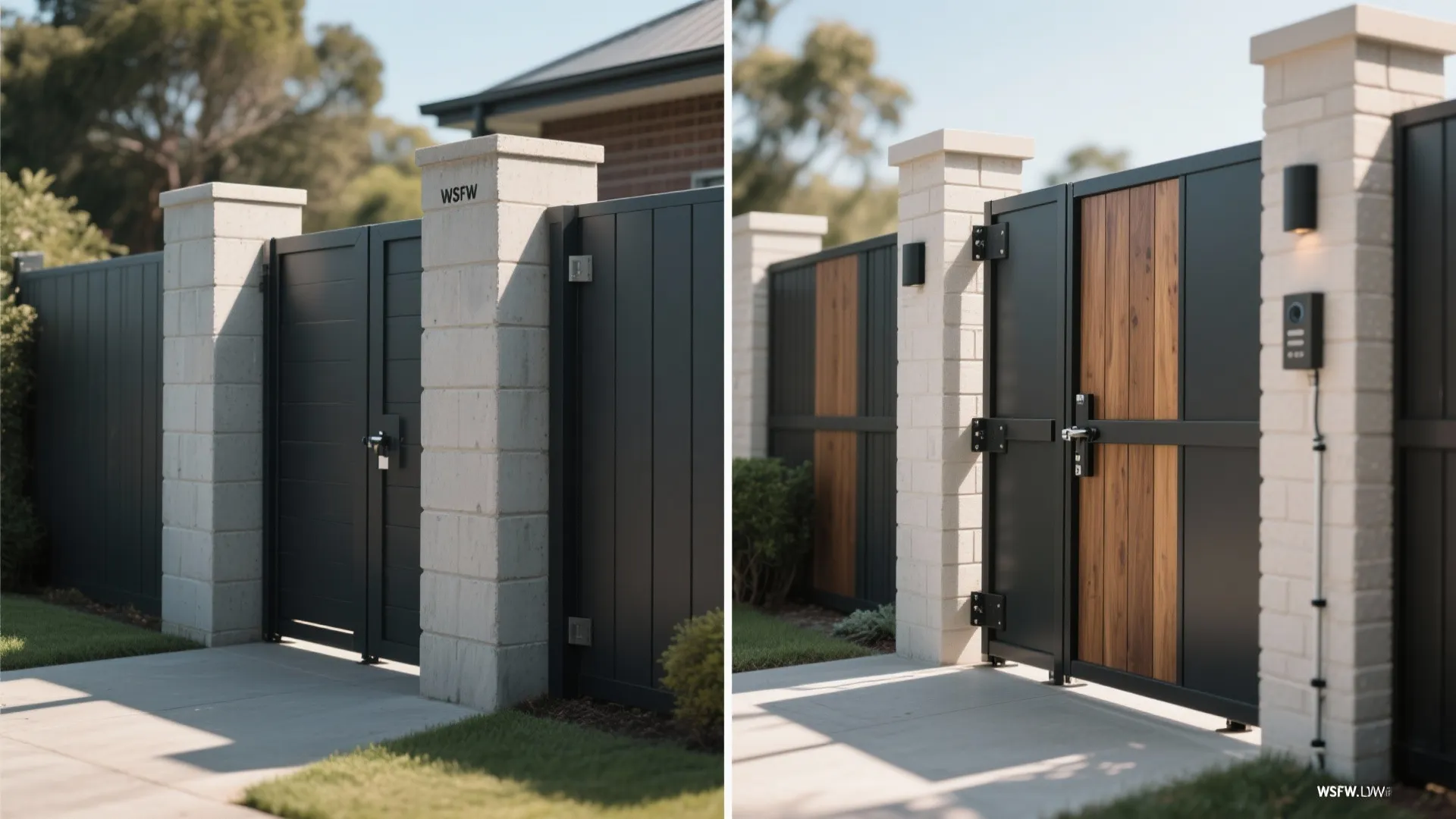 Before and after comparison of modern black gate design with wood panels and brick pillars