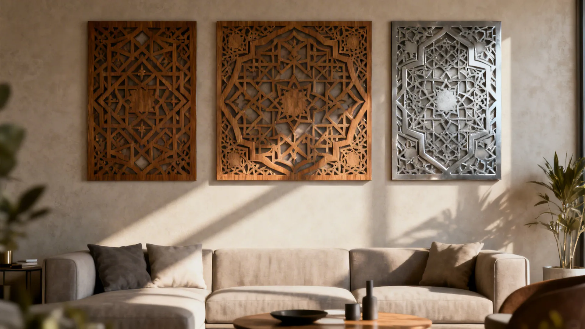 Three-panel modular Islamic geometric wall installation in a modern living room showing depth and shadow