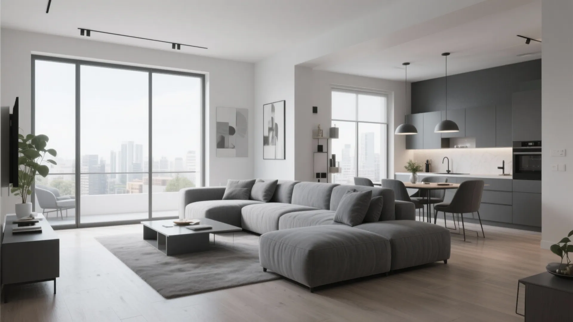 Modern open living room with grey sofa large windows and kitchen with dark grey cabinets