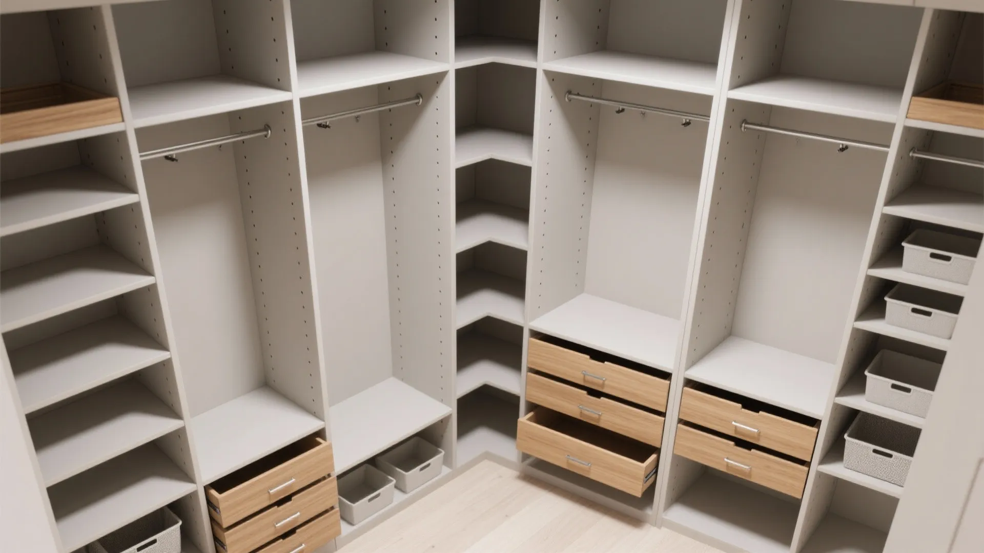 Corner walk in closet storage system with white shelves wooden drawers and silver metal rods